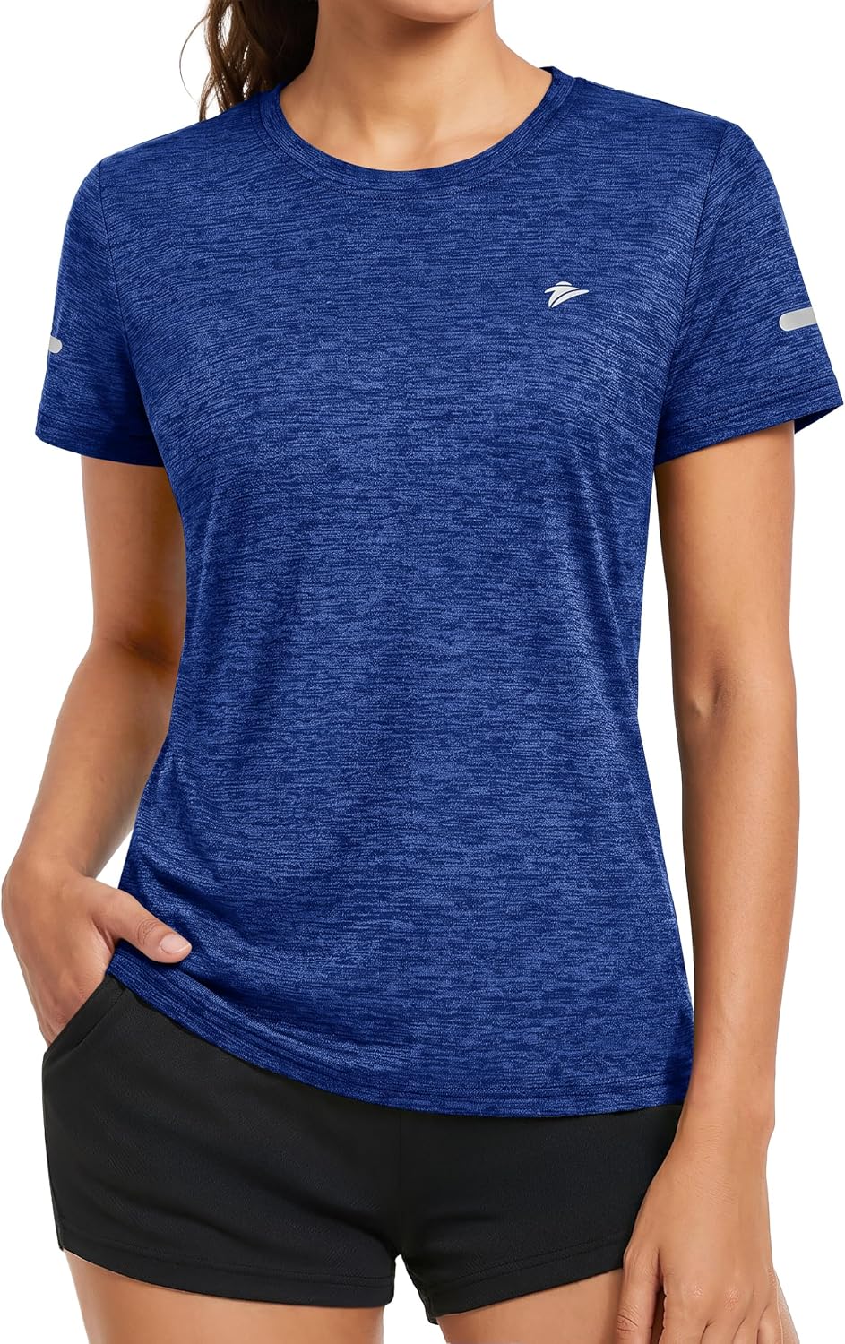Detalle de KEFITEVD Melange Sportshirt Damen Kurzarm mit Reflexstreifen – atmungsaktives Stretch Funktionsshirt (Rundhals)