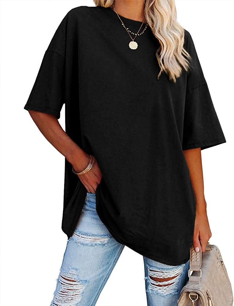 Detalle de Ebifin Damen Oversize Rundhals Kurzarm – Casual Sommer T-Shirt im Boyfriend-Stil