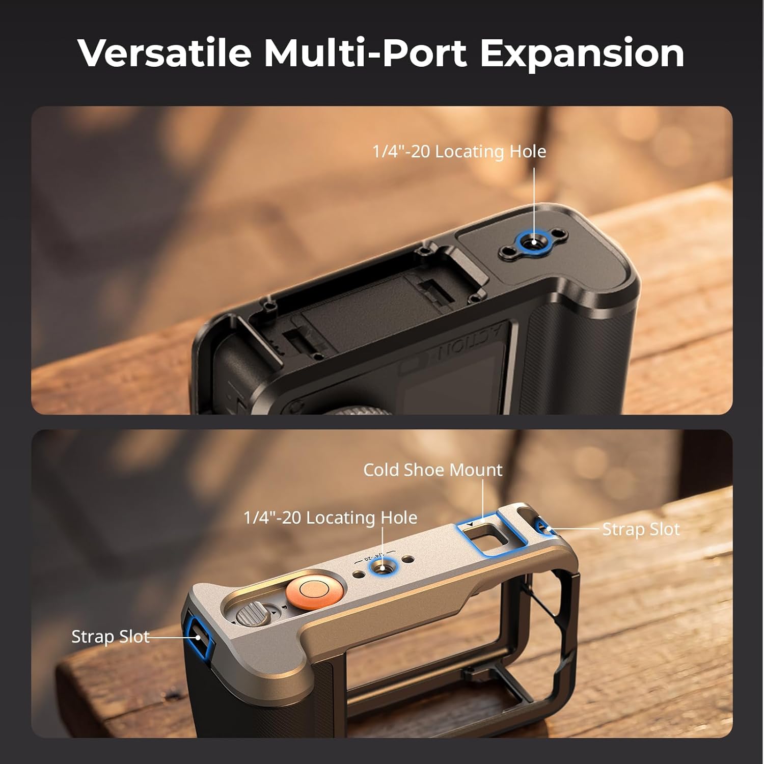 Detalle de SmallRig Kit Street Grip per DJI Osmo Action 6: gabbia in alluminio con slitta, tracolla e protezioni