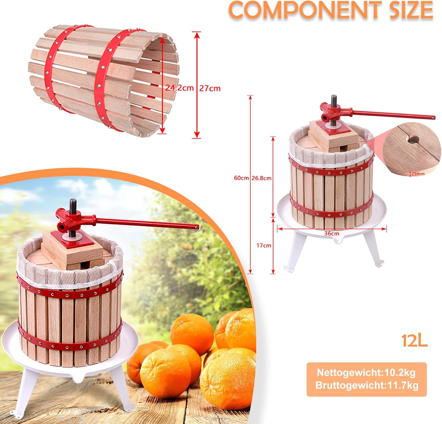 Detalle 2 de Aufun JOD-(HAG8244B-P) fruitpers 12 liter met persdoek