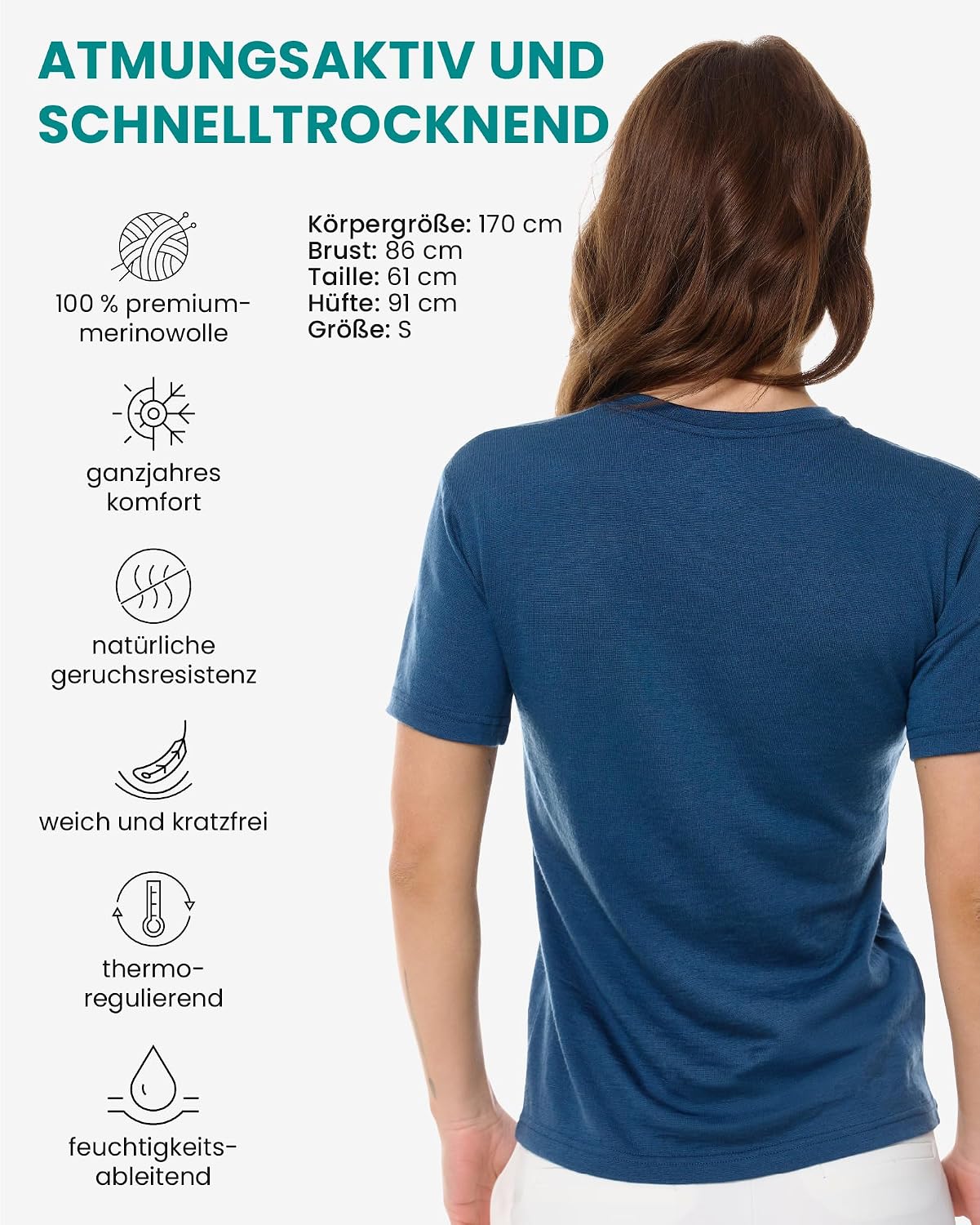 Detalle de Merino.tech 100% Merino Shirt Damen Wandern – Thermo-Unterhemd aus Merinowolle, Kurzarm