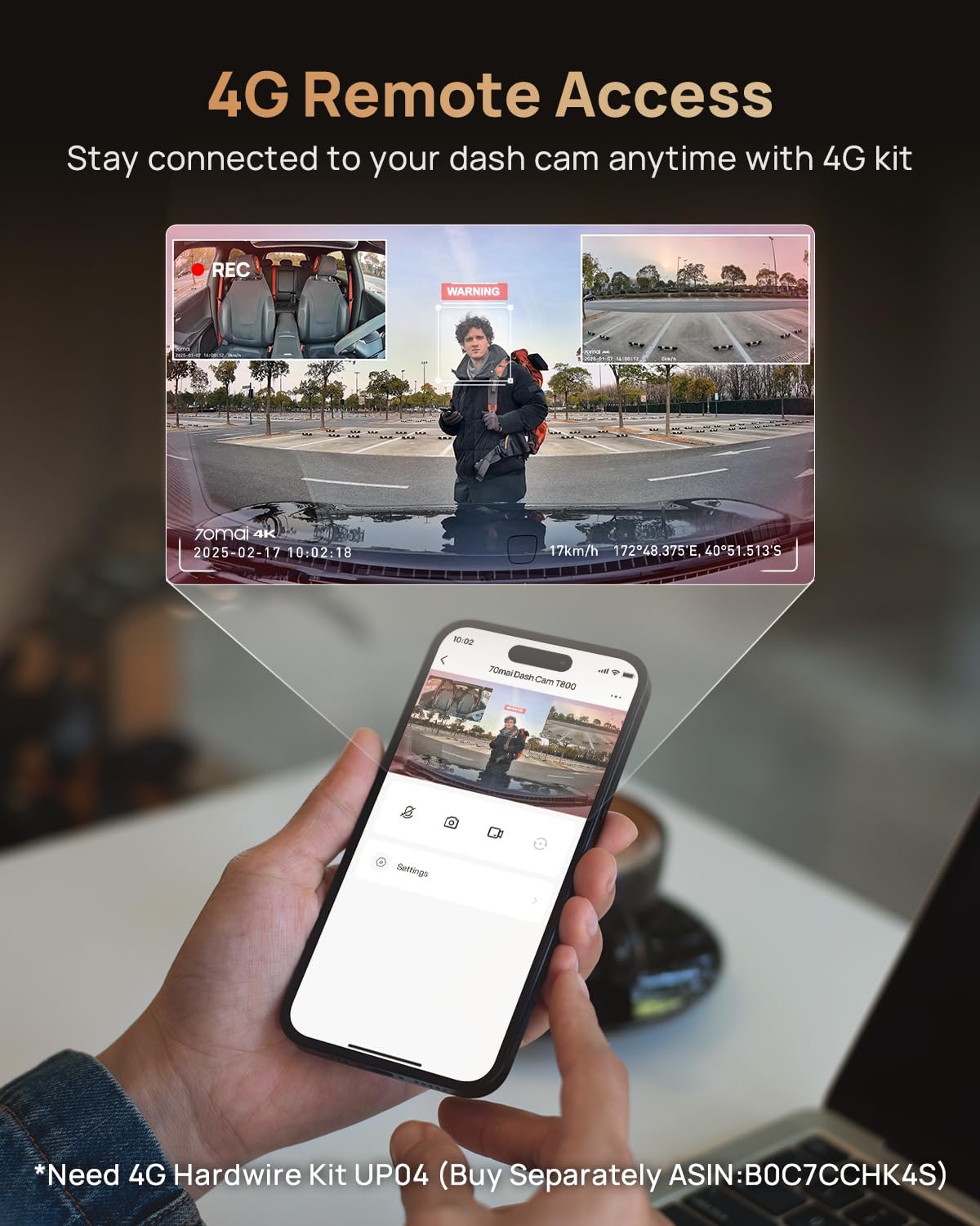 Thumbnail 4 de 70mai Dash Cam 4K T800 3-Channel (4K front, 4K rear, 1080P interior) with HDR and Dual STARVIS 2