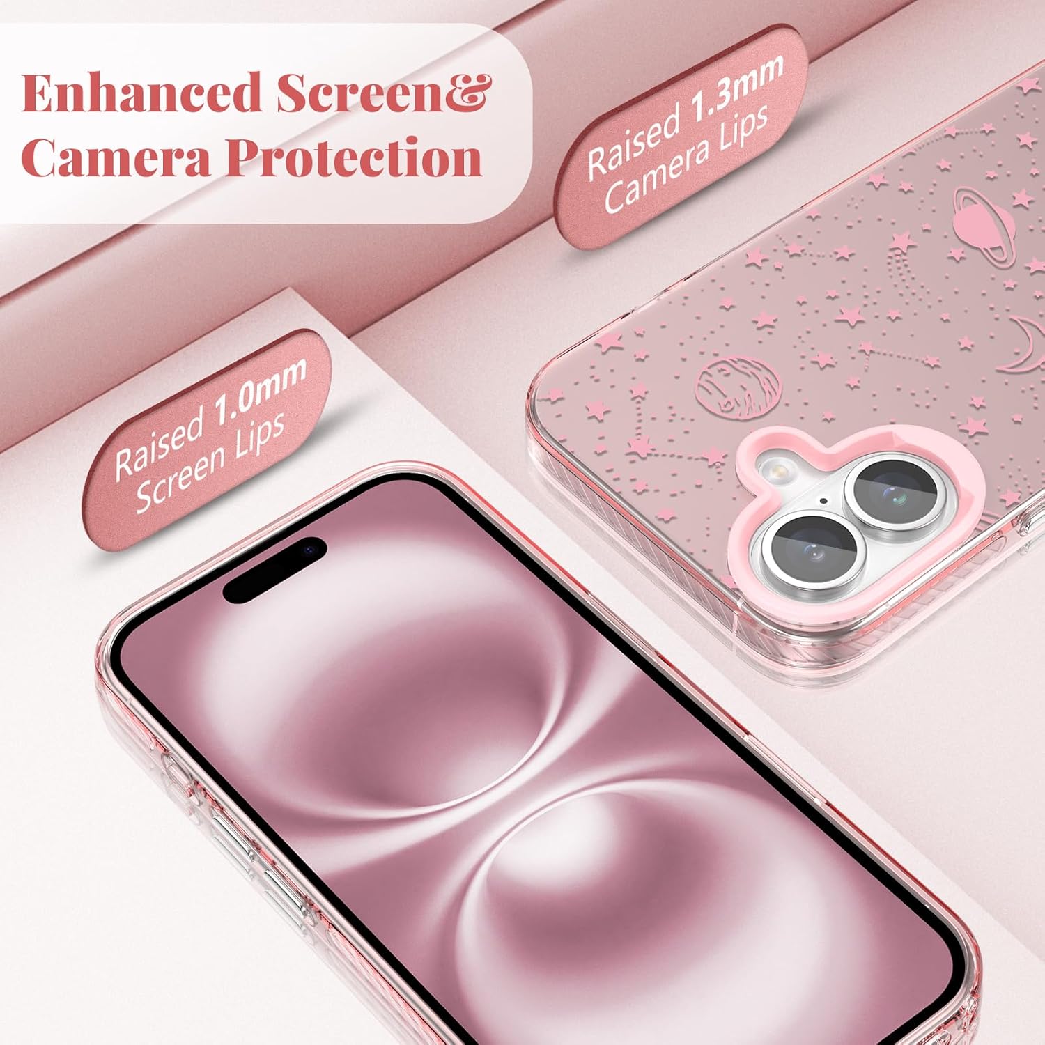 Thumbnail 4 de ZTOFERA iPhone 16 Plus (6,7 Zoll) Schutzhülle rosa – Planet-Sternenhimmel Design mit hartem PC-Rücken und TPU-Rahmen