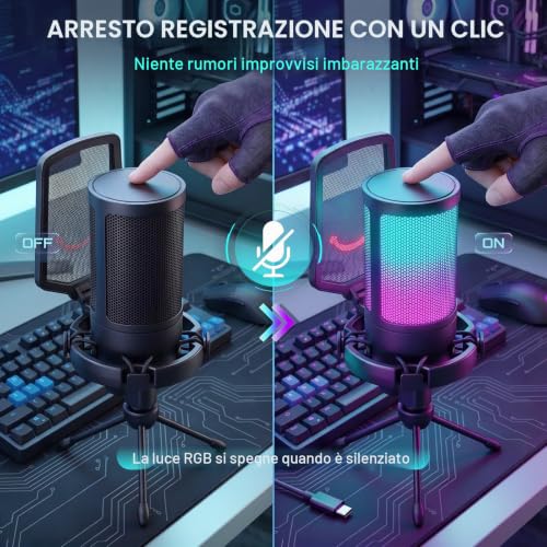 Detalle de FIFINE PC Microfono Gaming USB: streaming su PS4/PS5 e PC con mute rapido e RGB dinamico