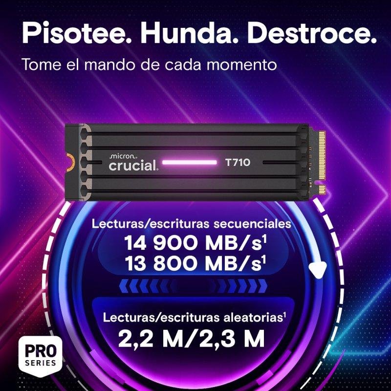 Detalle de Crucial T710 2TB: SSD M.2 NVMe PCIe 5.0 con disipador para alto rendimiento