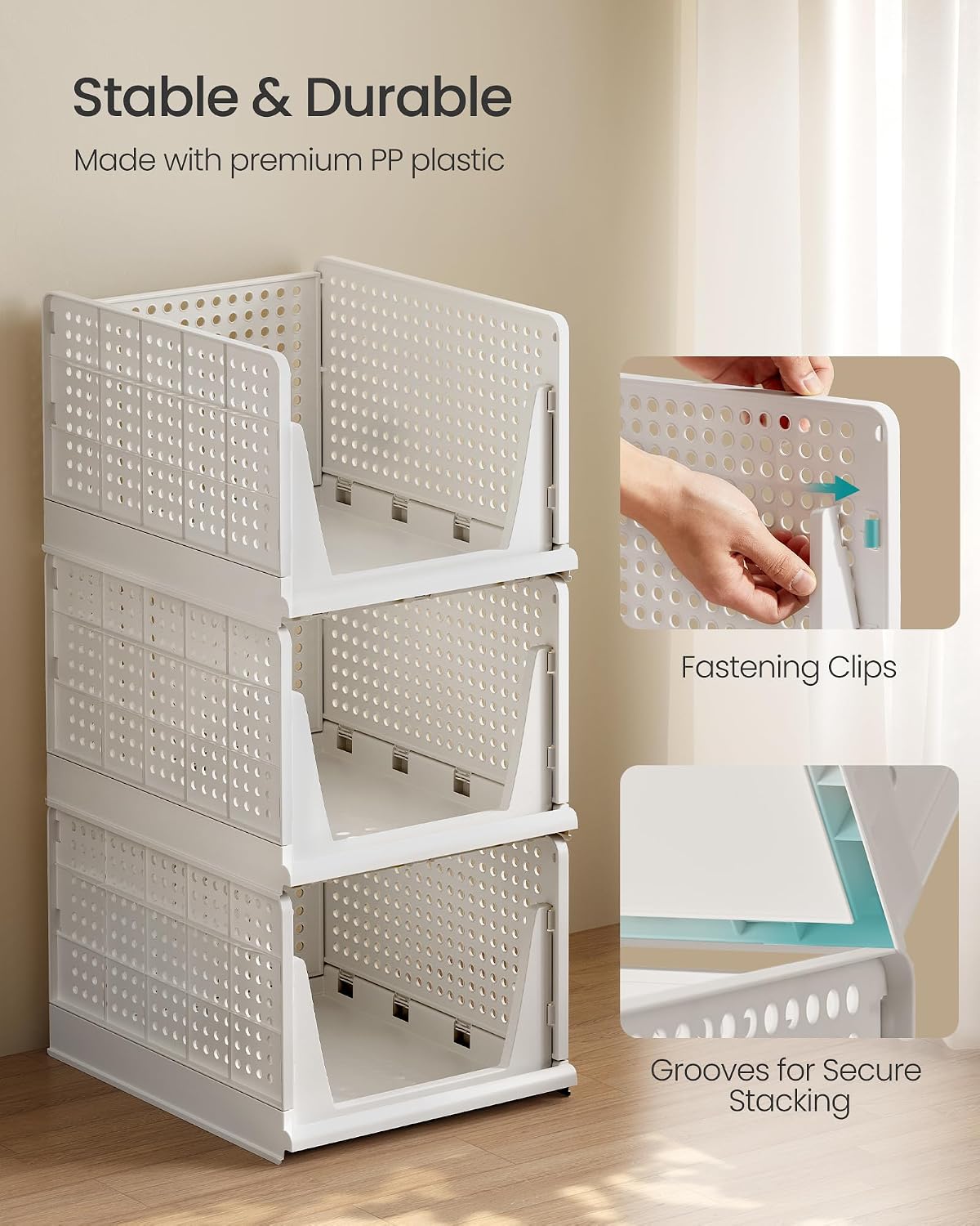 Thumbnail 5 de SONGMICS Stackable Wardrobe Storage, Foldable Closet Organiser – Set of 3 Pull-Out Baskets (White LPC310WZ01)