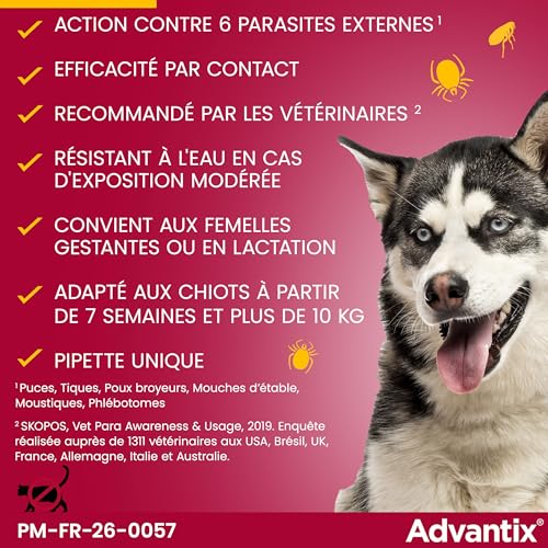 Detalle de Advantix Chien Moyen (10–25 kg) – Pipettes antiparasitaires à action large, 6 parasites, 4 semaines de protection
