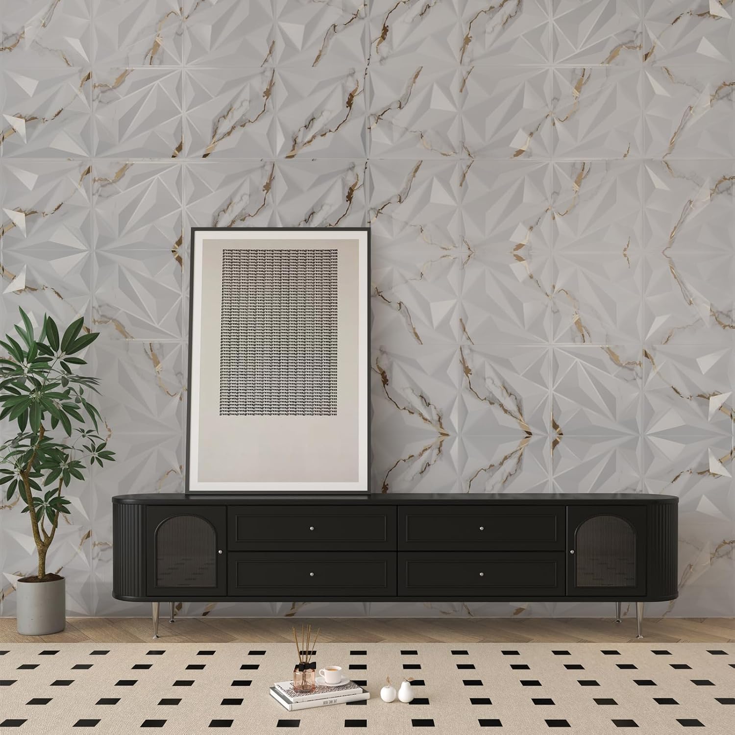 Thumbnail 6 de Art3dwallpanels 3D Diamond Wall Panels, 33-Pack, Gold Veined White, 12" x 12