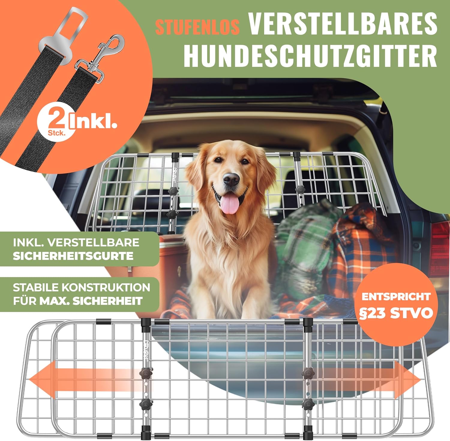 Thumbnail 1 de LOVPET® Hundegitter Auto Kofferraum – verstellbares Trenngitter 92–152 cm (ohne Bohren) inkl. 2 Sicherheitsgurten, grau