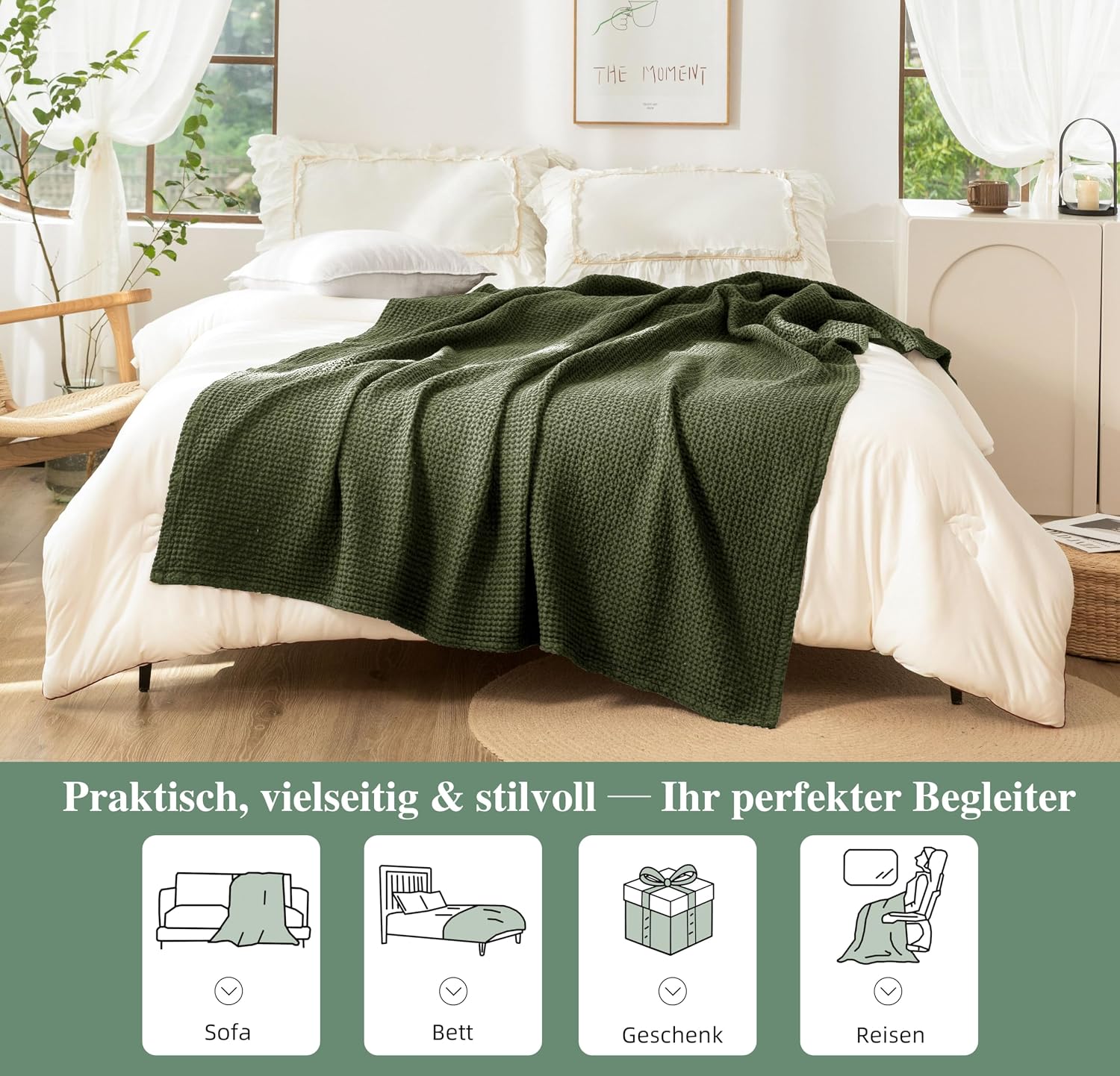 Detalle 2 de CHUFFED 100% Baumwolle Decke 220 × 240 cm – Olivgrün, weiche und atmungsaktive Waffel-Decke