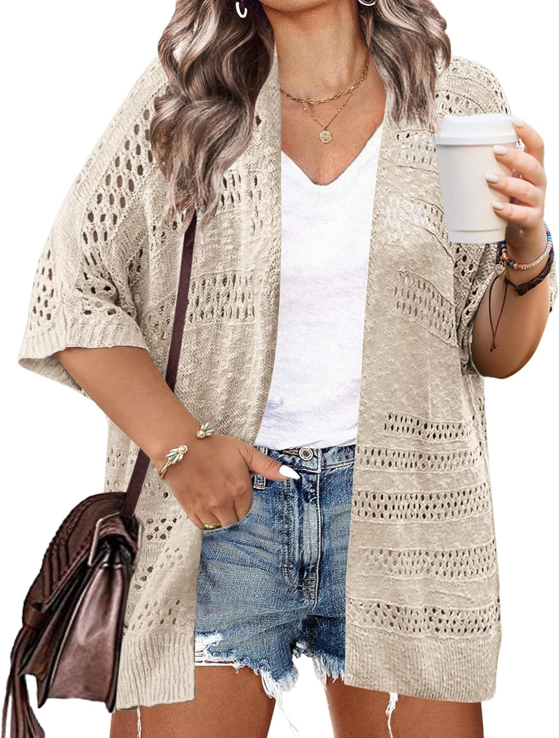 Detalle de IN'VOLAND Plus Size Lightweight Crochet Cardigan for Women