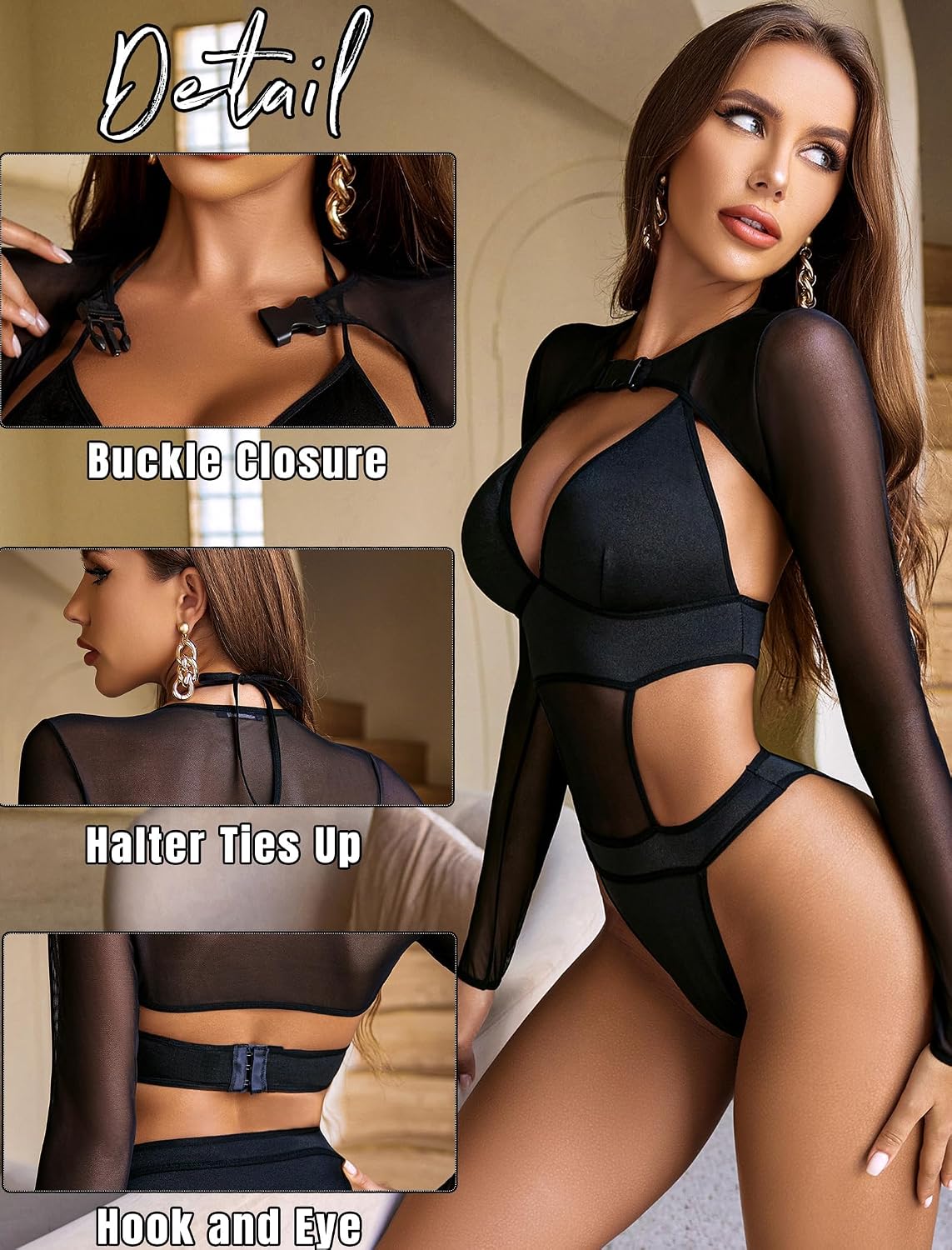 Detalle de Avidlove Rave Outfits für Damen: Mesh-Bodysuit-Set mit rückenfreiem Neckholder-Design