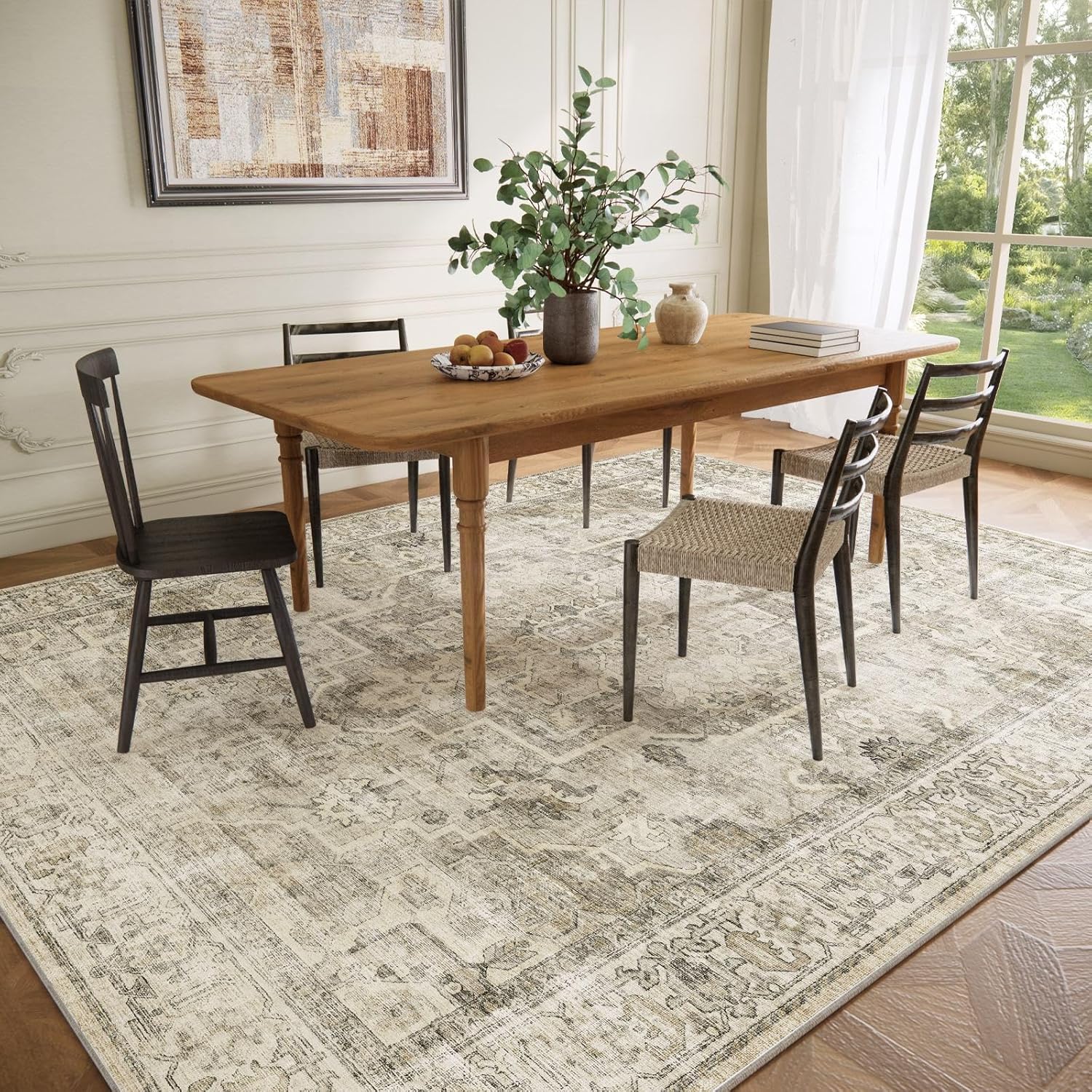 Thumbnail 4 de Washable 10x14 Boho Vintage Area Rug — Non-Slip, Stain-Resistant, Low-Pile Comfort for Busy Homes