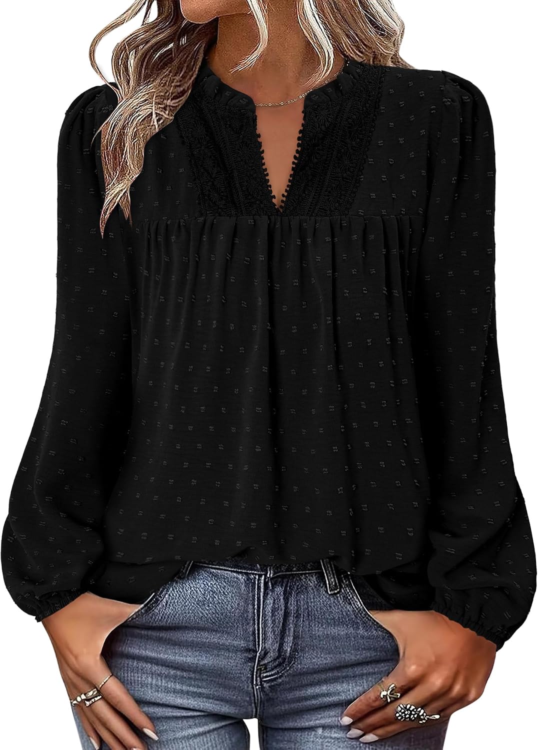Detalle de onlypuff Women's V-Neck Swiss Dot Ruffle Tunic Blouse, Long Sleeve