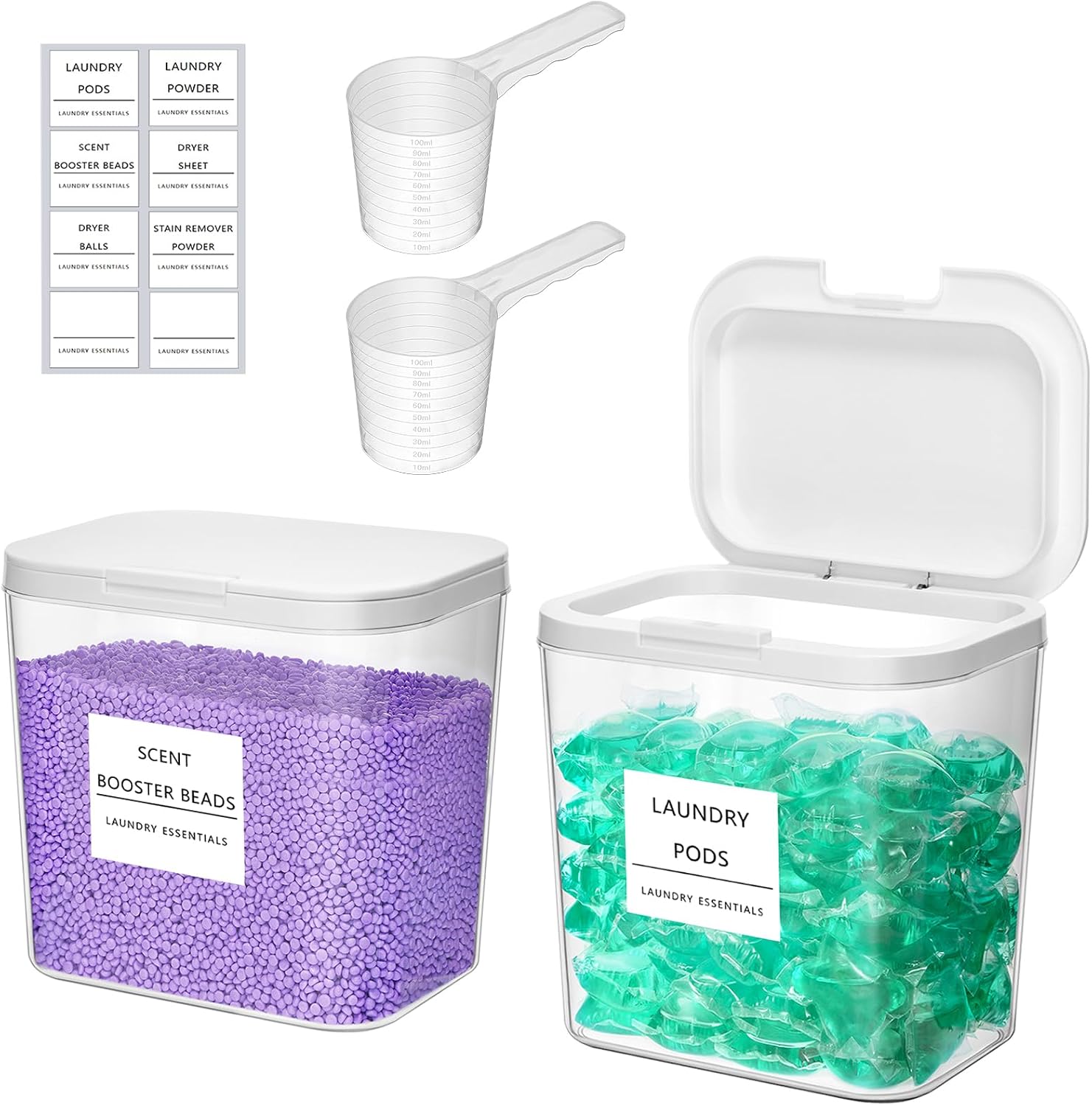 Detalle de Lifewit Wäsche Pods Behälter 2700 ml (2er-Set) mit Druckverschluss, Etiketten & Messlöffel