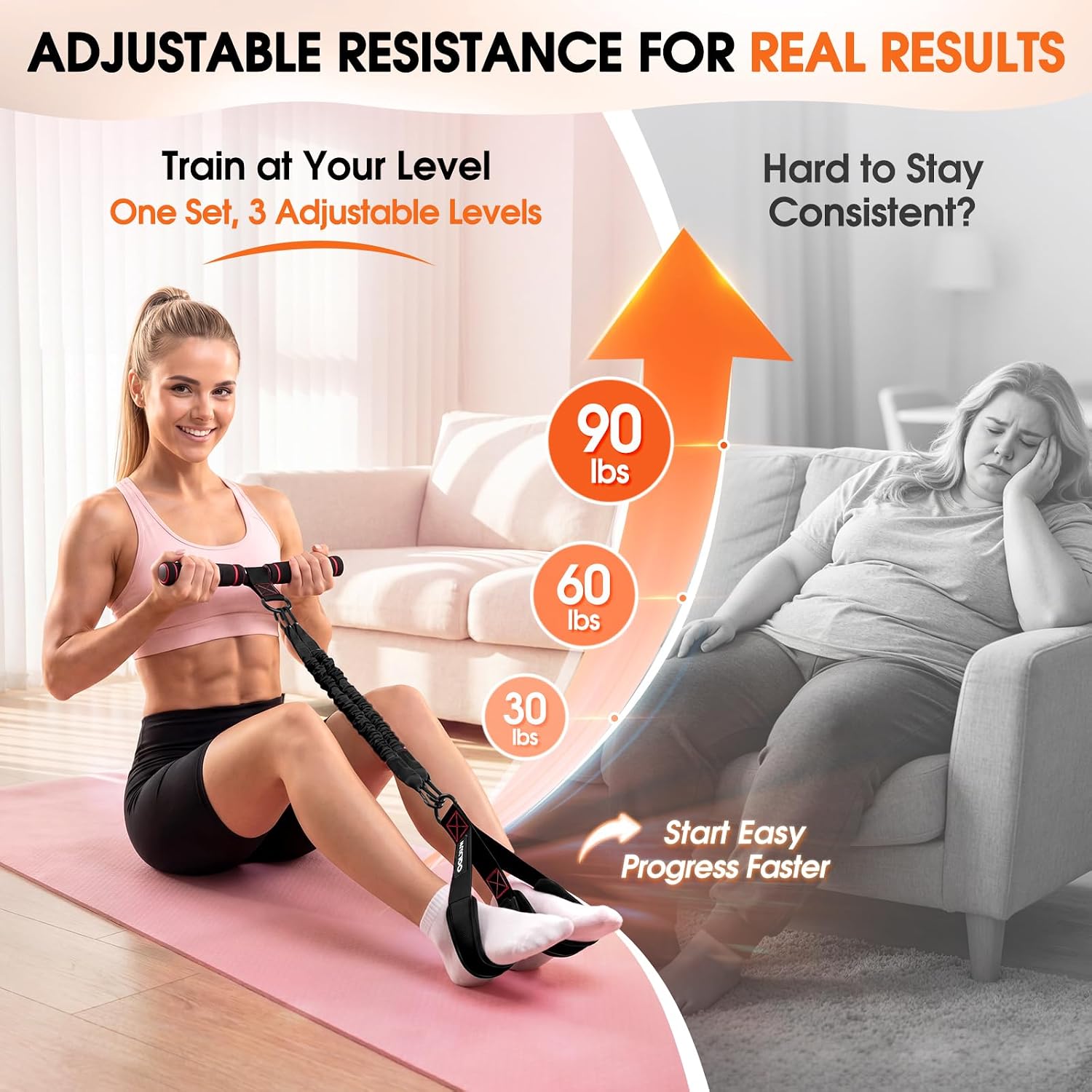 Detalle de OQLXUW Foot Pedal Resistance Band with Handle, Adjustable 3-Tube Trainer