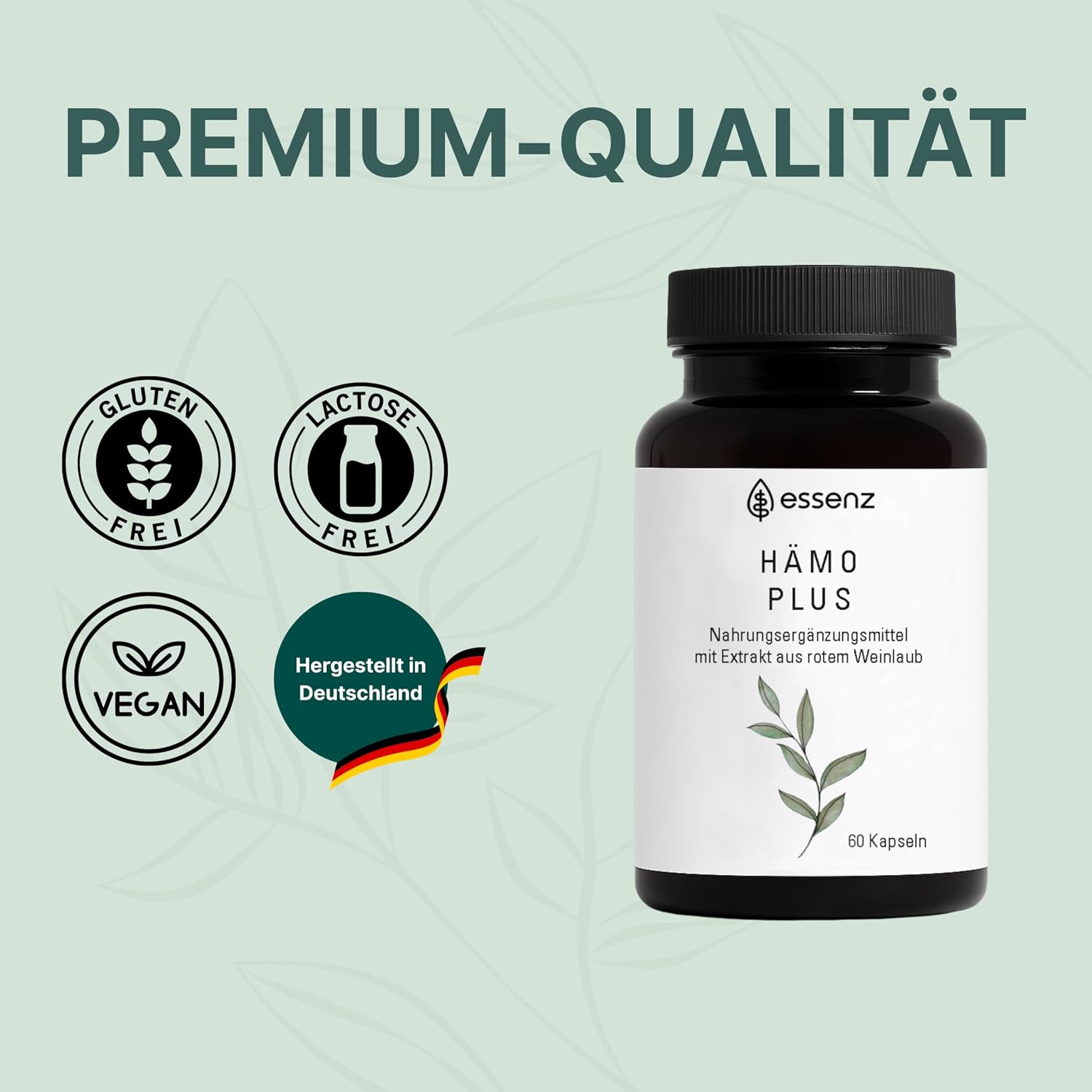 Detalle de ESSENZ Hämo Plus Kapseln – Pflanzliche Unterstützung für das Wohlbefinden, vegan & glutenfrei (60 Kapseln)