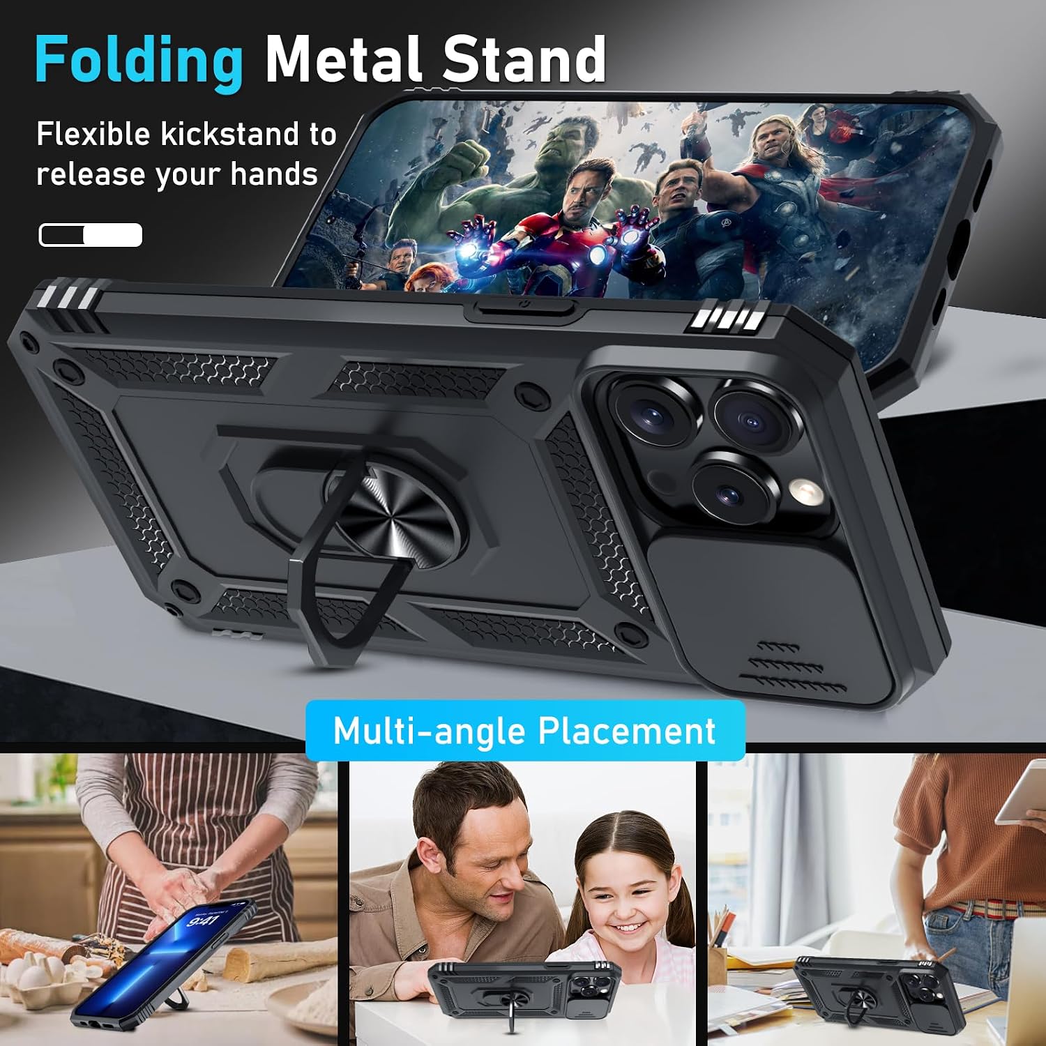 Thumbnail 1 de Janmitta iPhone 13 Pro Max Case with Slide Camera Lens Cover, Tempered Glass Screen Protector, and Kickstand — Heavy Duty, Black