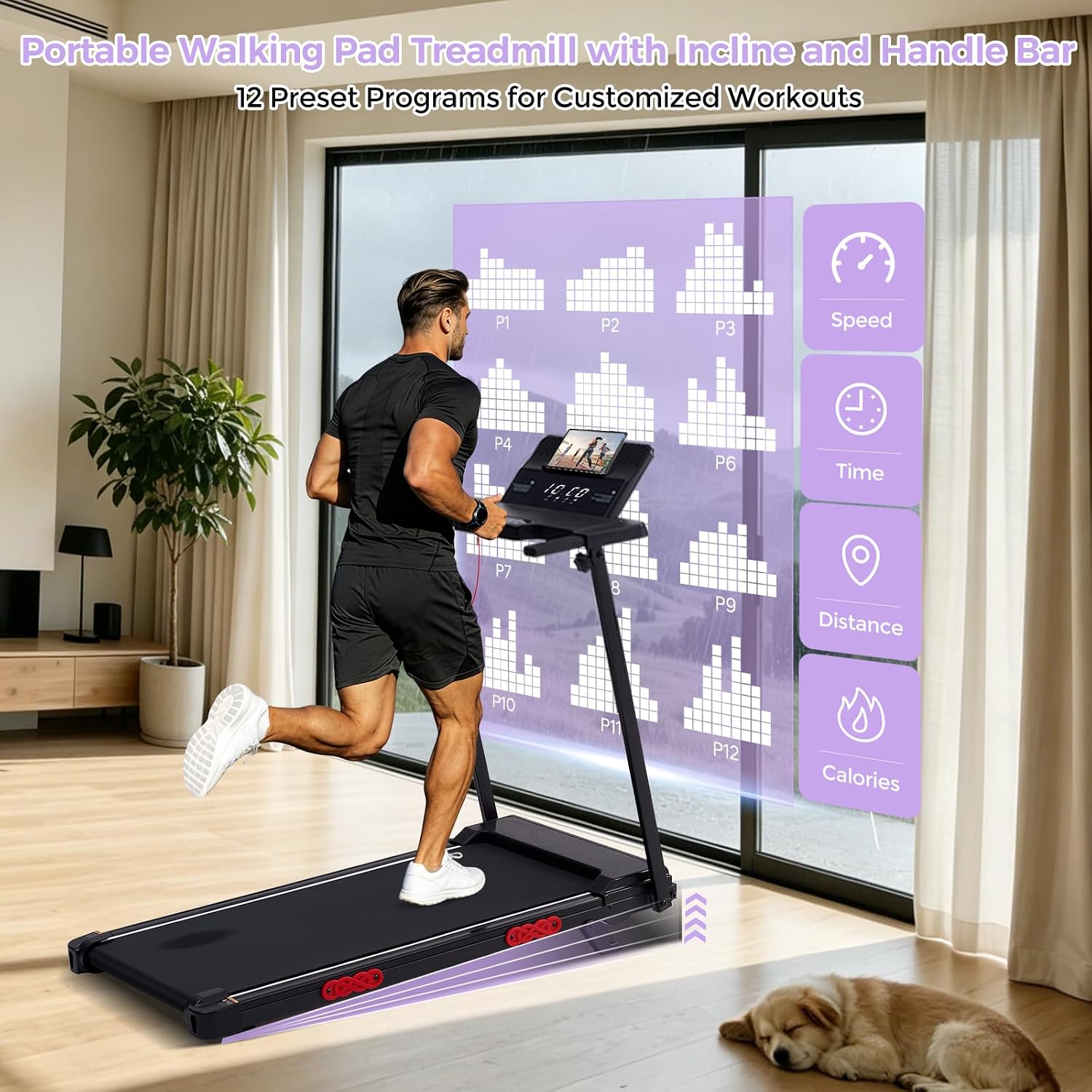 Detalle 1 de SUOUER 380TM-JKZ Compact Walking Pad Treadmill with Handlebar, Incline and LED Display
