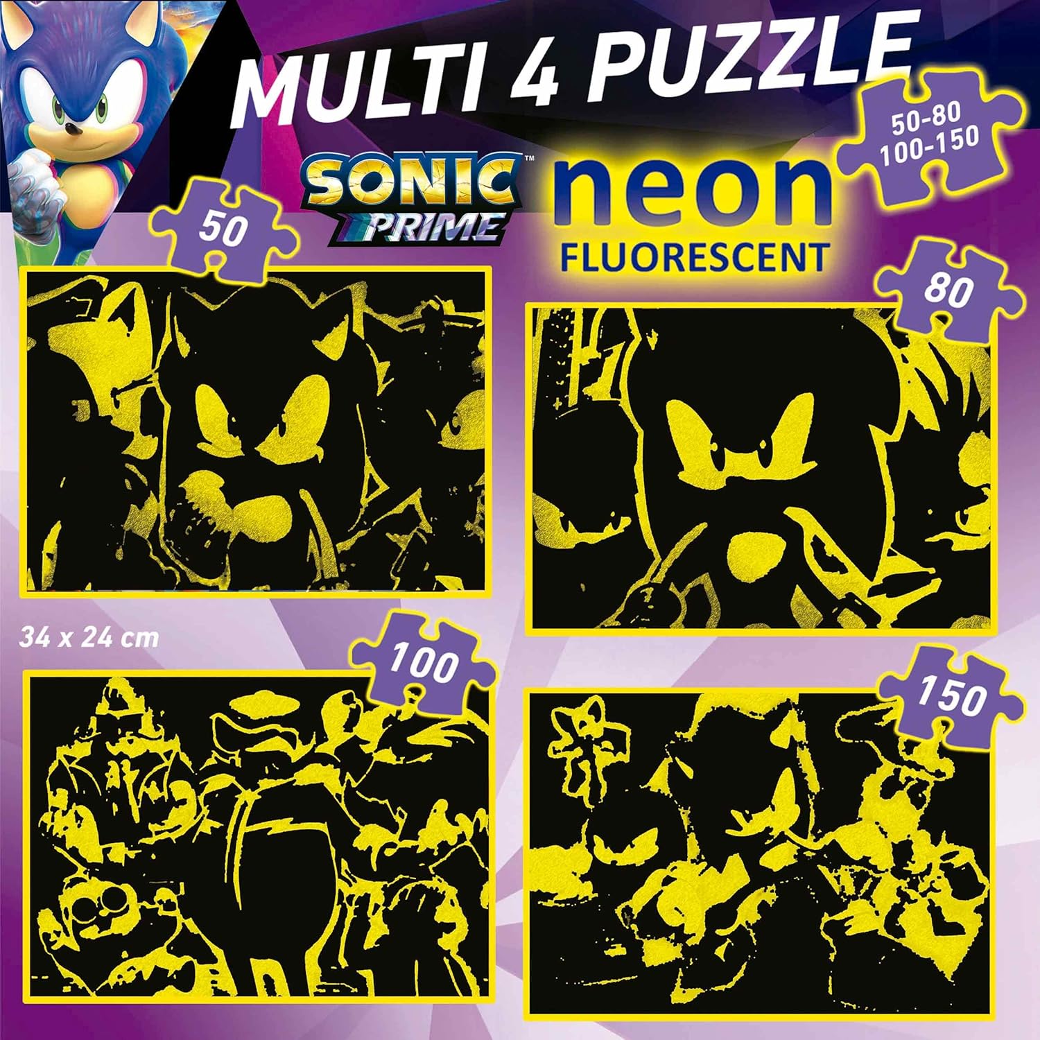 Thumbnail 3 de Educa Multi 4 Sonic Prime Neon : ensemble de 4 puzzles progressifs qui brillent dans le noir (50 à 150 pièces)