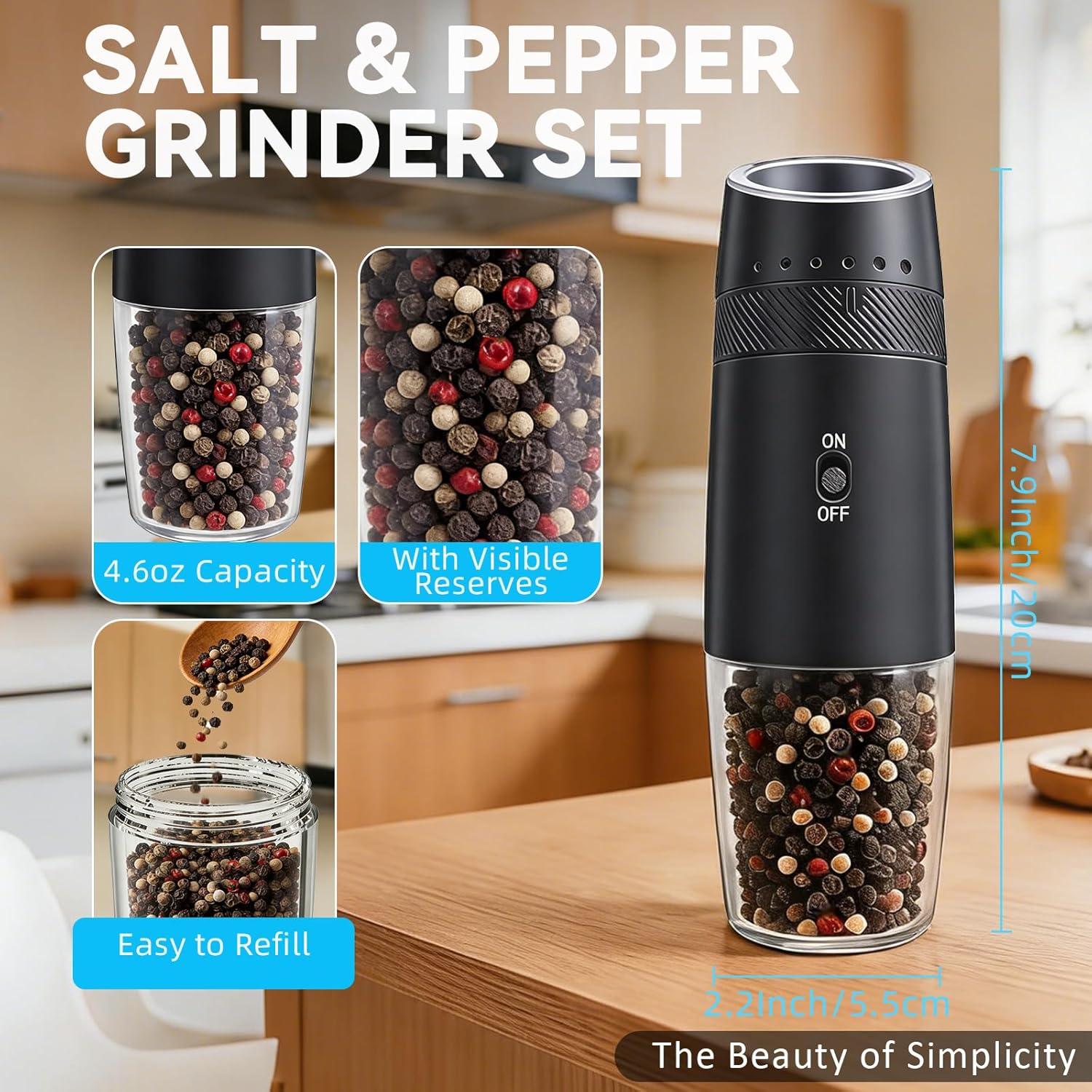 Detalle 2 de Gravity Electric Salt and Pepper Grinder Set with USB-C Rechargeable Battery – 2 Pack