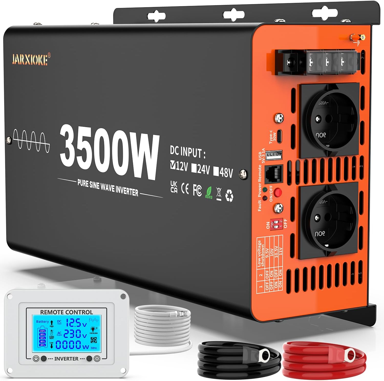 Detalle de 3500W Wechselrichter 12V auf 230V Reiner Sinus mit Fernbedienung, LCD, 2× EU-Steckdose, USB und Type-C
