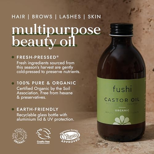 Detalle 2 de Fushi Organic Castor Oil 250ml – 100% Pure, Cold-Pressed in Glass Bottle (Hexane Free) for Skin, Hair Growth and Eyebrows