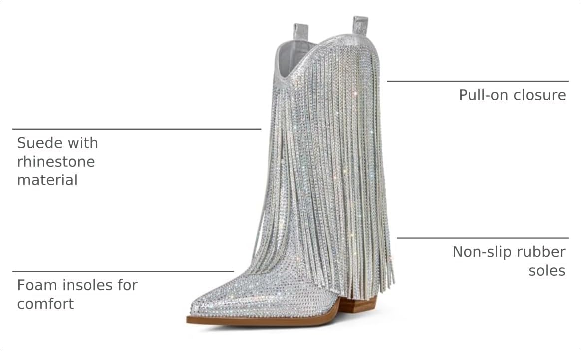 Thumbnail 2 de Ouepiano Women’s Cowboy Boots with Rhinestones, Sparkly Fringe & 2.76" Stacked Heel