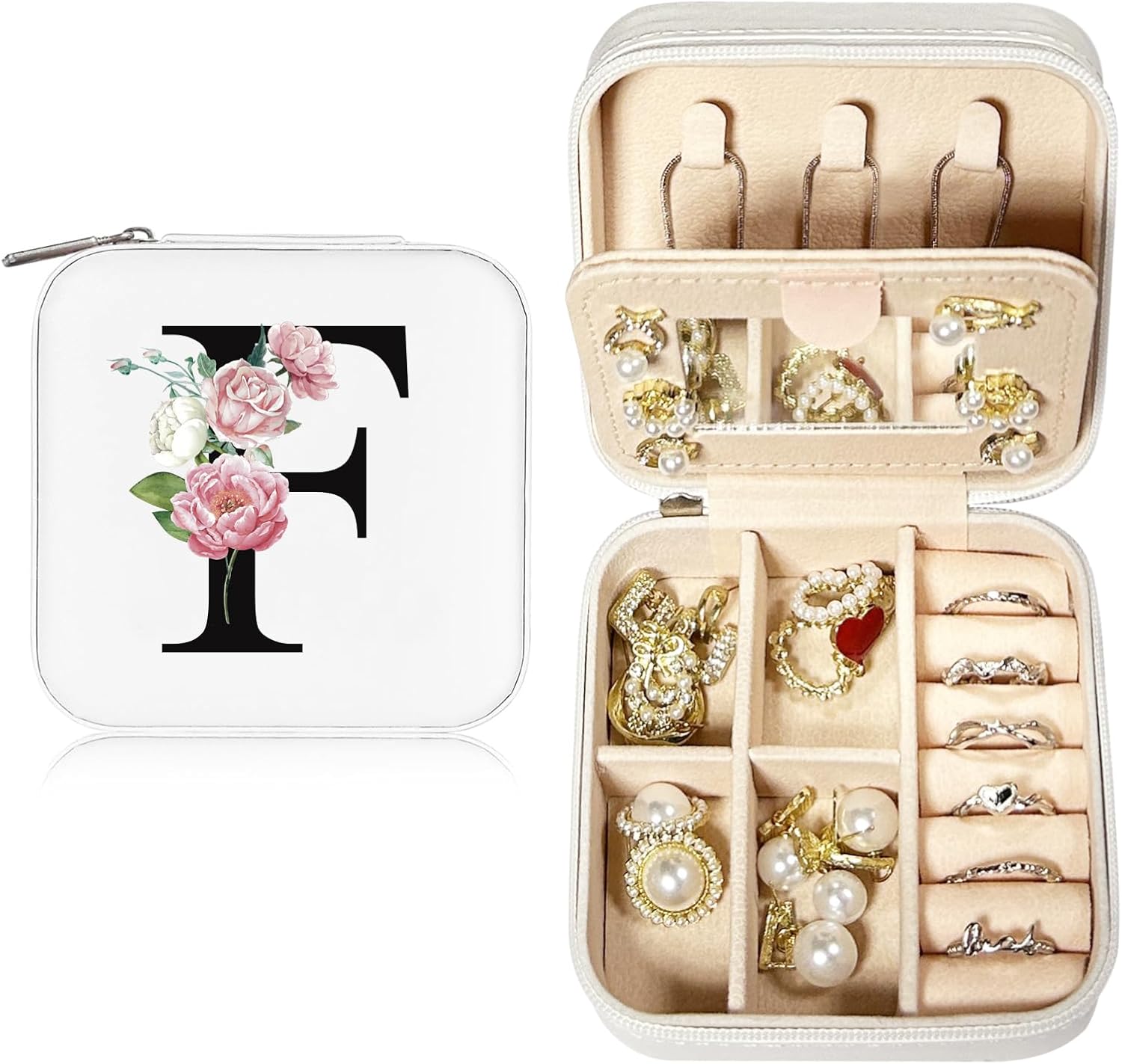 Detalle de JEKUGOT Personalised Travel Jewellery Box – Alphabet Organiser with Mirror (Small, 10×10×5 cm)