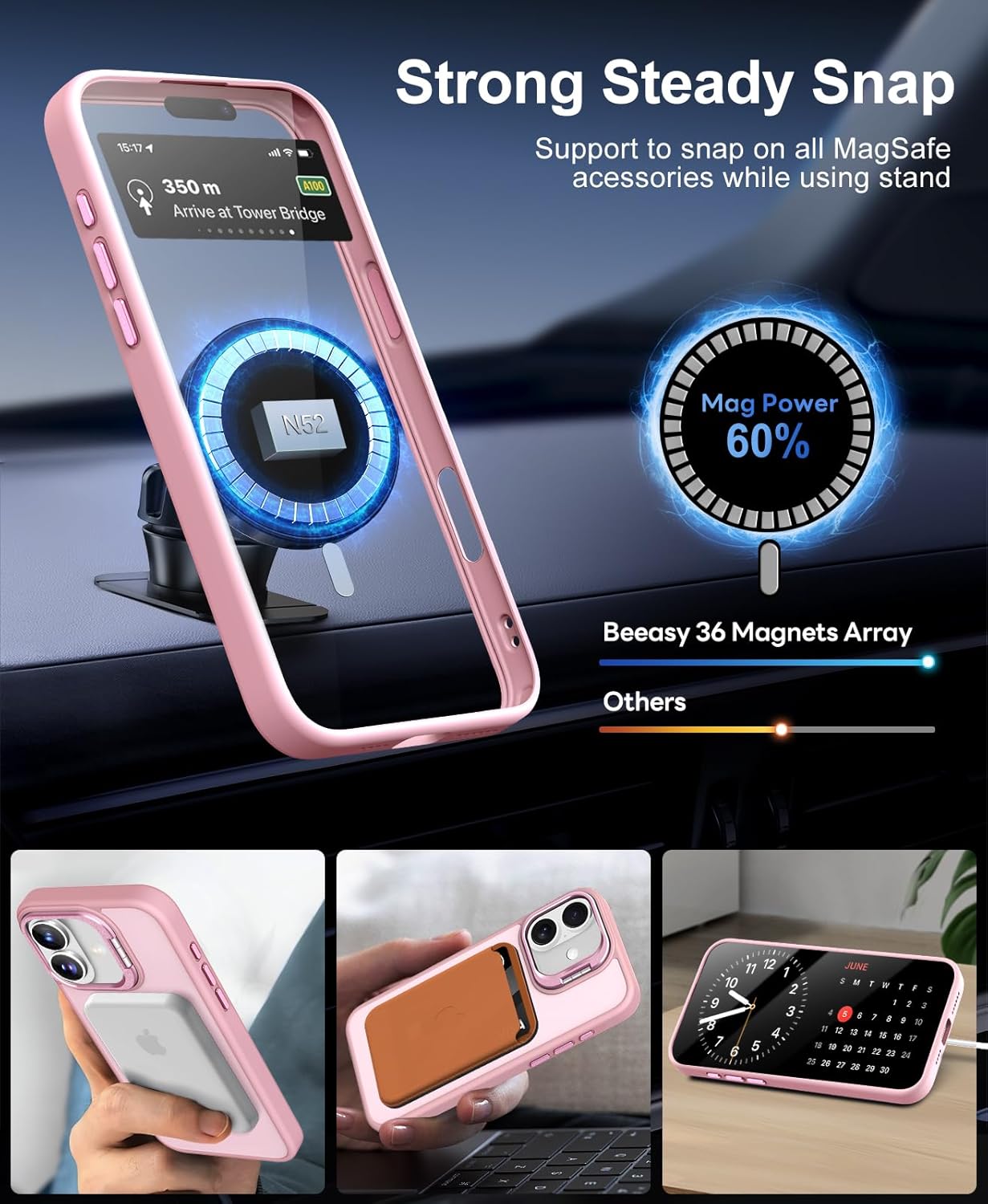Detalle de Beeasy MagSafe Hülle für iPhone 16 (6,1 Zoll) mit verstellbarem Ständer und 2 Displayschutzfolien – matt Rosa