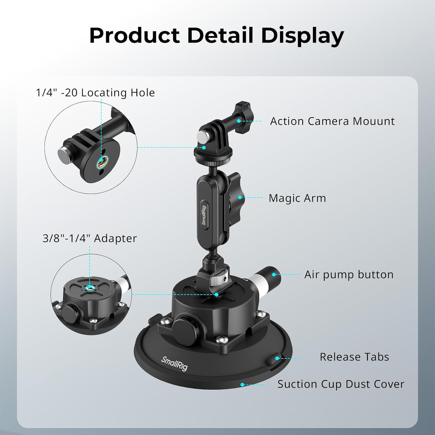 Detalle de SMALLRIG Support ventouse 4,5" avec Bras articulé à rotule – compatible action cam (DJI Osmo Action, Insta360, GoPro)