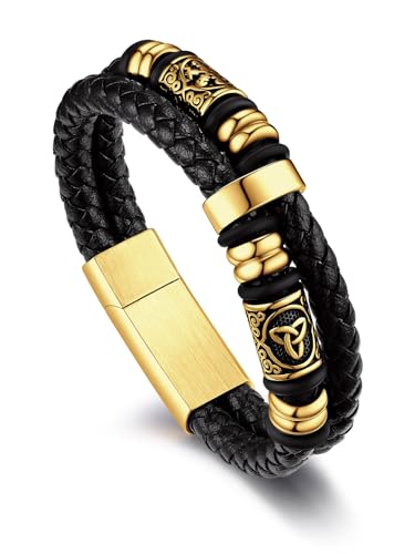 Detalle de Bandmax Pulsera Viking de Cuero Trenzado para Hombre 23 cm con Doble Capa, Cuentas de Acero Inoxidable y Cierre Magnético
