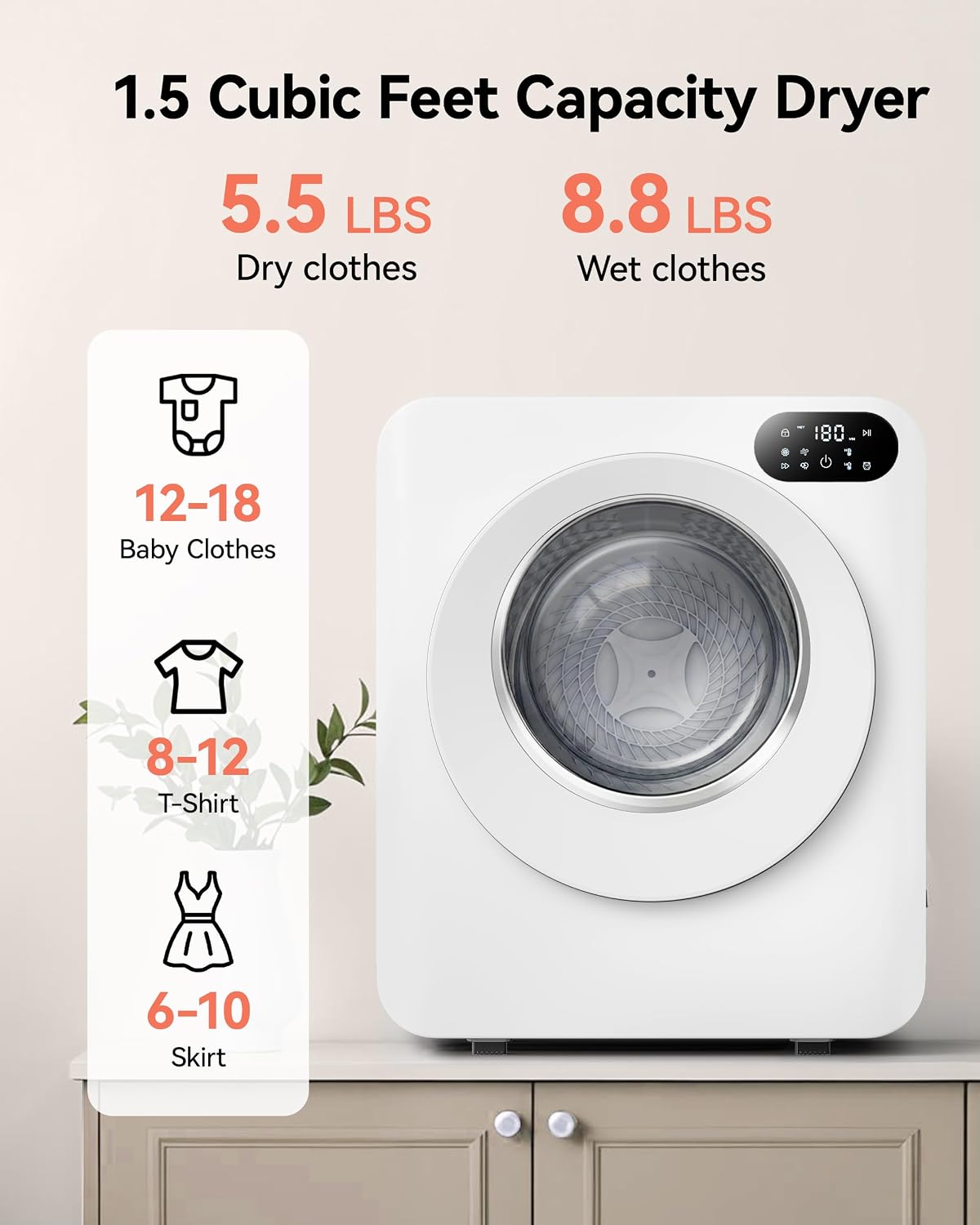 Detalle 2 de EUHOMY CD008-150WH Portable Electric Clothes Dryer, 1.5 Cu. Ft., 850W