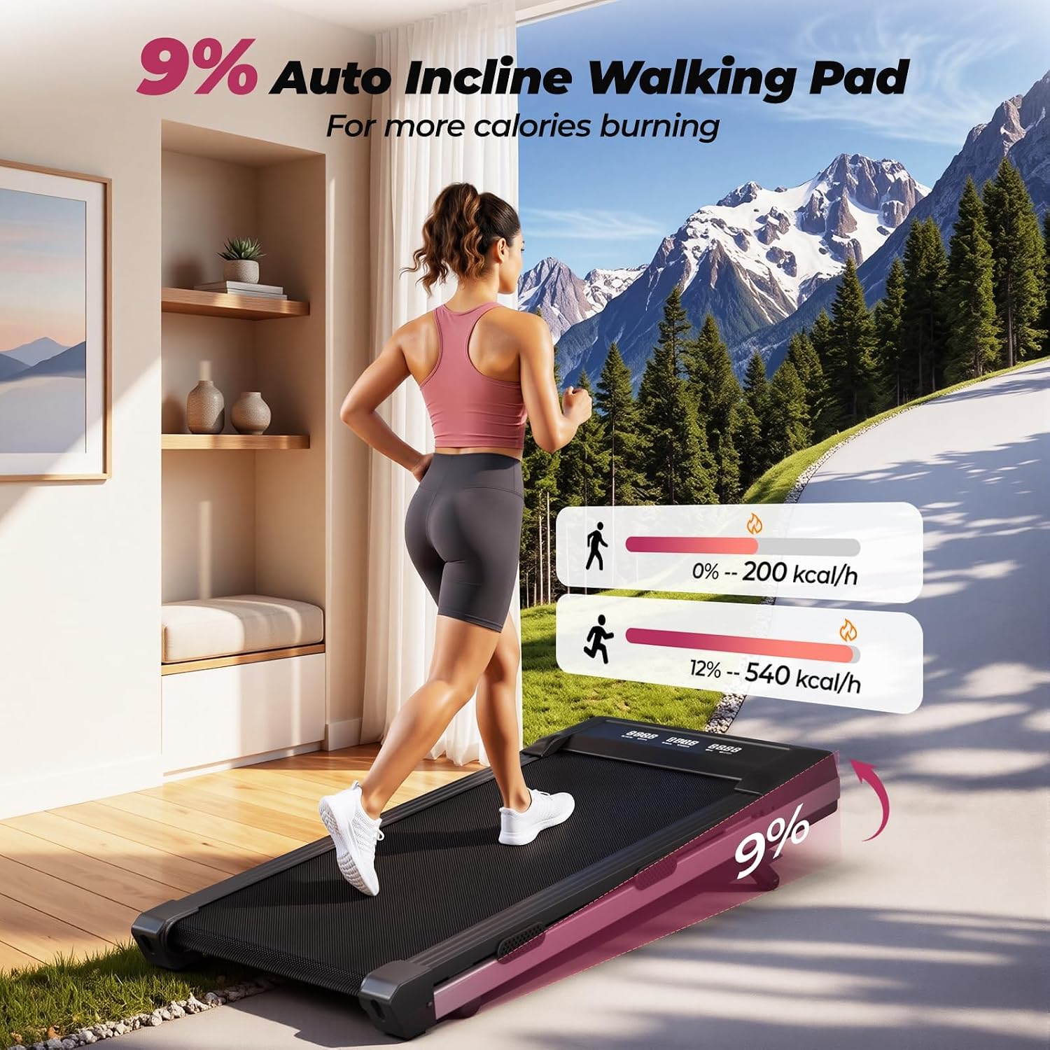 Detalle 2 de DeerRun BA07R2 Walking Pad Treadmill, 9% Auto Incline, Pink