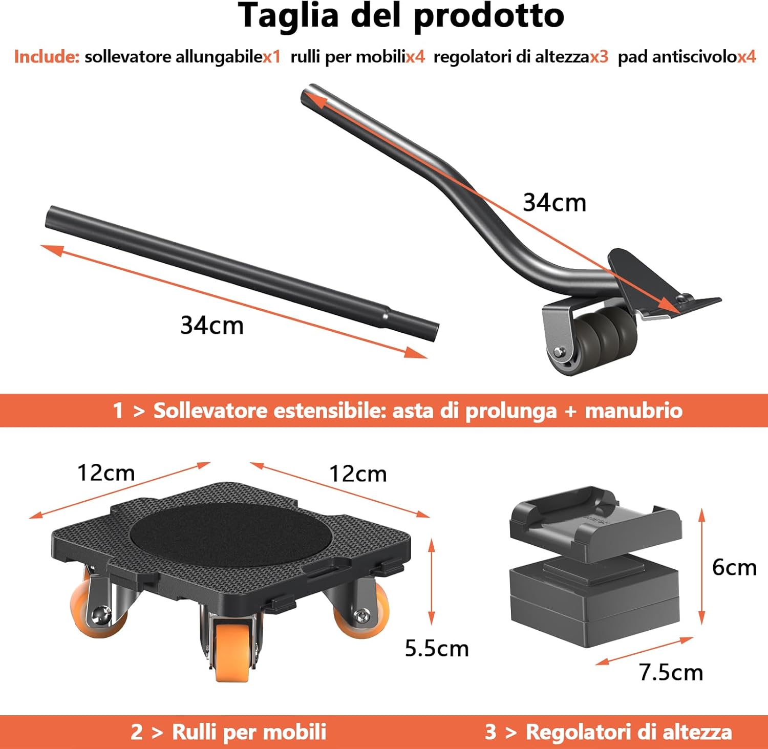 Detalle de ONEON Sollevatore Mobili con Ruote: Dolly con ruote a rotazione 360° per spostare mobili pesanti fino a 300 kg