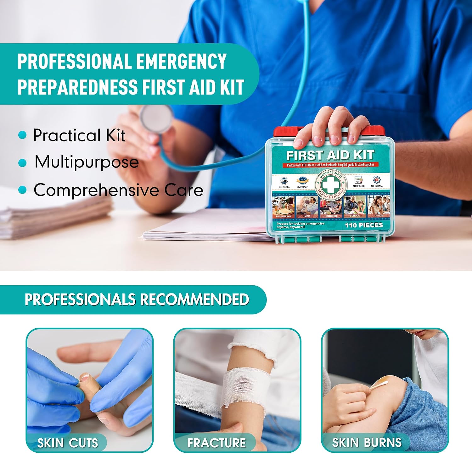 Thumbnail 5 de General Medi 295 Pieces Professional First Aid Kit – HardCase with Hospital-Grade Supplies for Travel, Home, Office, Vehicle, and Outdoor Use