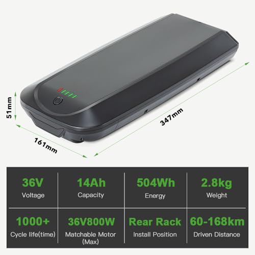 Detalle de SHIMOST E-Bike Batterie 36V 14Ah – Gepäckträgerakku mit LG-Zellen, kompatibel mit Nakamura, Telefunken, Zündapp, Chrisson