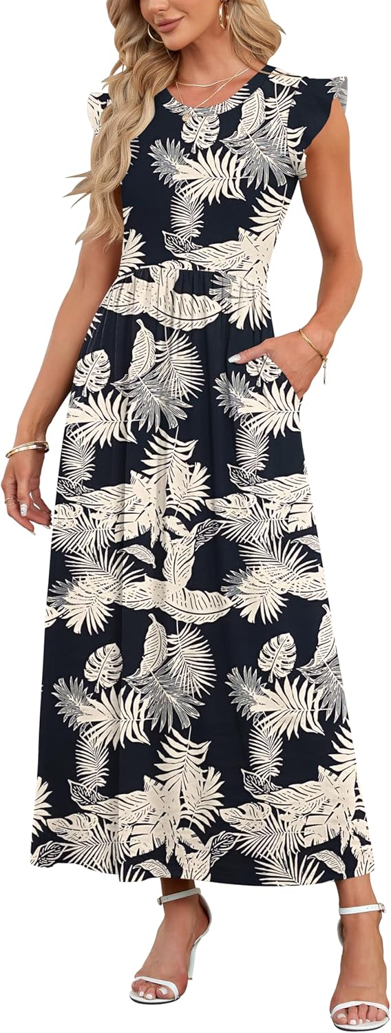 Thumbnail 5 de AUSELILY Damen Maxi-Kleid mit Rundhalsausschnitt, Taschen, Rüschen und hoher Taille