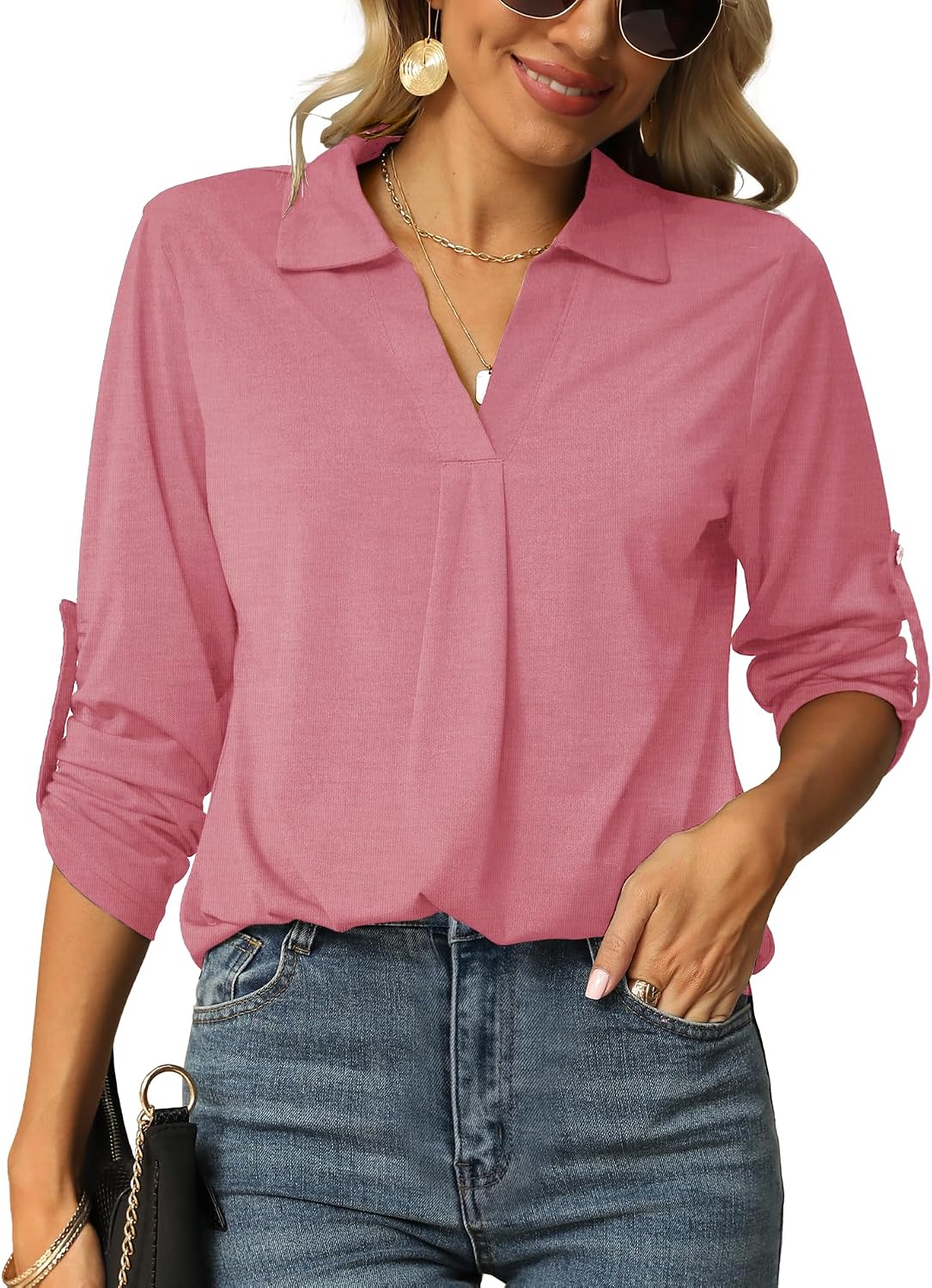 Detalle de Odosalii Womens Casual V Neck Tunic Blouses with Rolled Up Sleeves