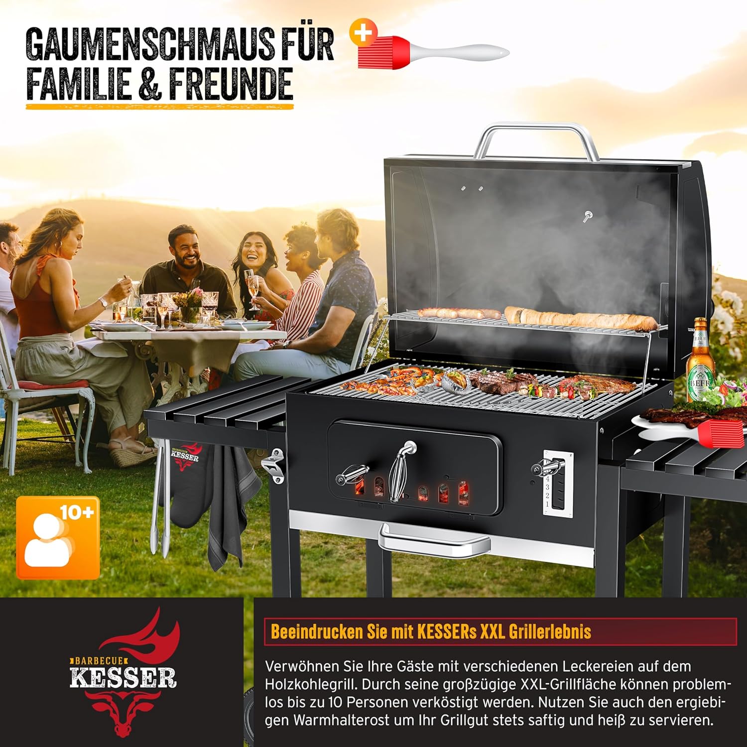 Thumbnail 6 de KESSER® Holzkohlegrill XXL Grillwagen Set mit Deckel & Thermometer – flexibler Grillwagen mit Smoker-Funktion
