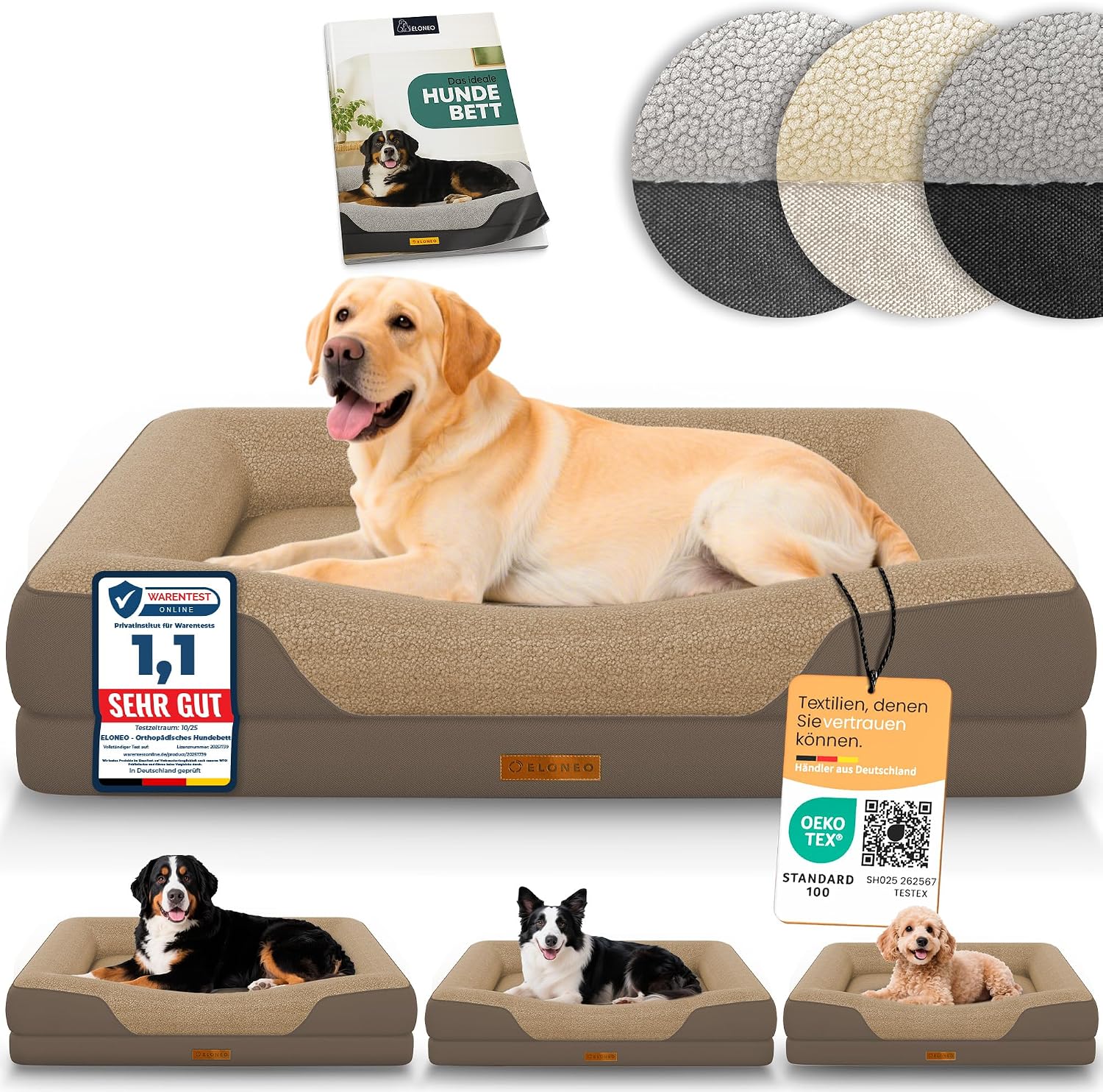 Detalle de ELONEO orthopädisches Hundebett (106×76×19 cm) mit Memory Foam und waschbarer, wasserdichter Hundematte in Braun