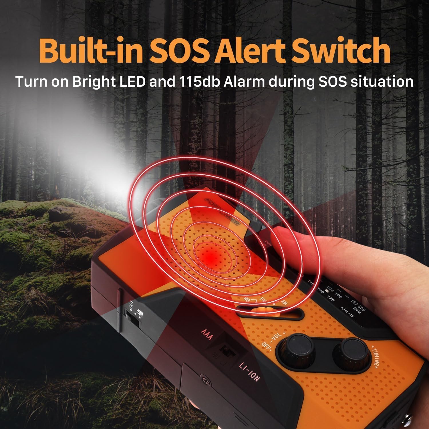 Thumbnail 6 de FosPower NOAA Emergency Weather Radio A1: 7400mWh Portable Power Bank with AM/FM, Solar, Hand Crank, SOS Alarm and Flashlight (Orange)