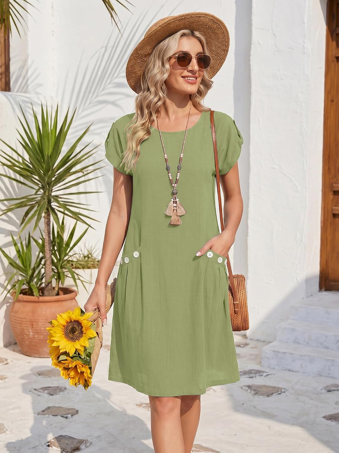 Detalle 2 de YYIDATON Sommerkleid Damen mit Leinenmix, Rundhals und Knielänge im A-Line-Style