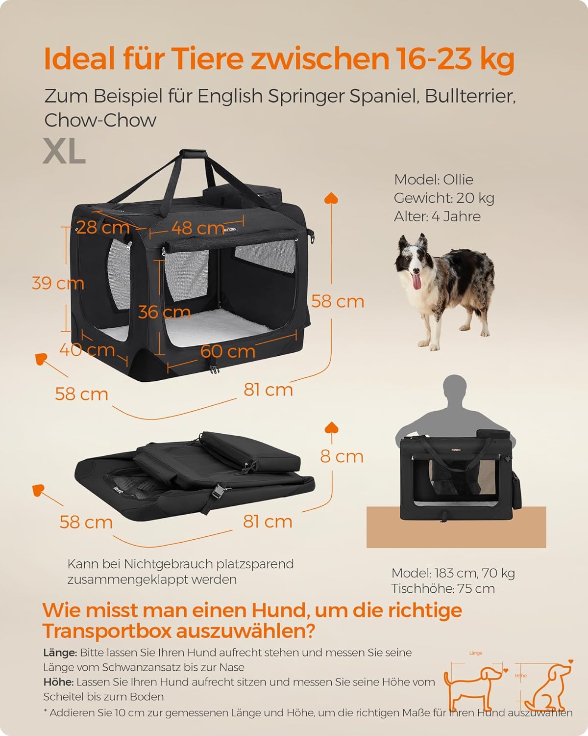 Detalle 2 de Feandrea faltbare Hundebox XL 81 × 58 × 58 cm – Transportbox Hund mit Metallrahmen (PDC80H)