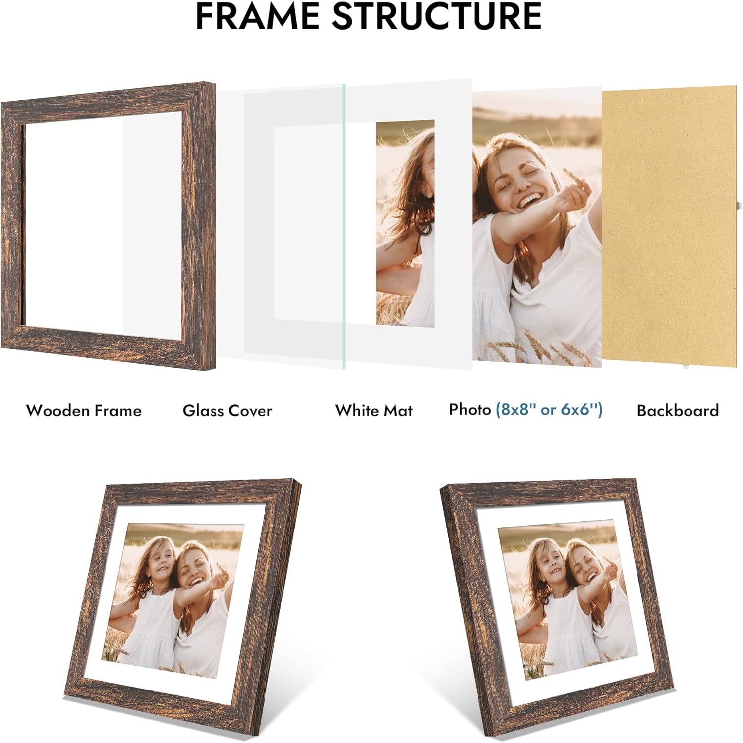 Detalle de Hongkee 8x8 Picture Frame with Glass – Rustic Wood, 6x6 with Mat / 8x8 without Mat, Wall & Tabletop Display