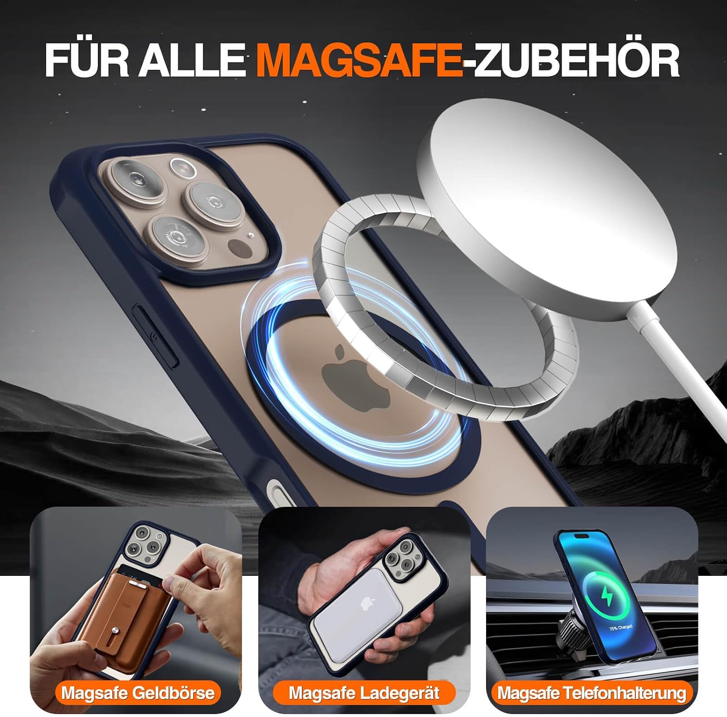 Detalle de Leedia Handyhülle für iPhone 16 Pro Max mit integriertem 9H Display- und Kameraschutz (Magsafe, 360° Full-Protection) in Blau