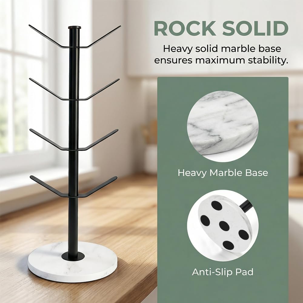 Detalle 2 de Vurixfo Marble Mug Tree Stand: 8-Hook, Stable Marble Base, Adjustable Stainless Steel Holder