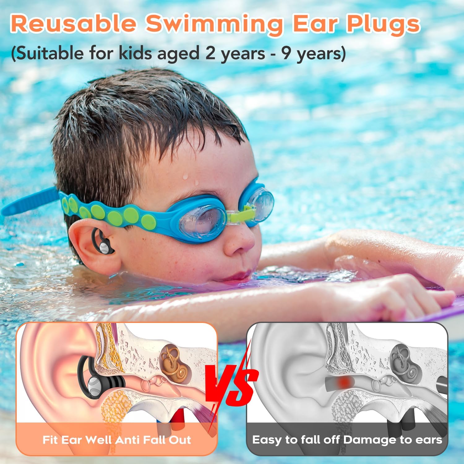 Detalle de WLSCTY Ohrstöpsel Schwimmen Kinder (wasserdicht, wiederverwendbar) – 3 Paar für 2–9 Jahre