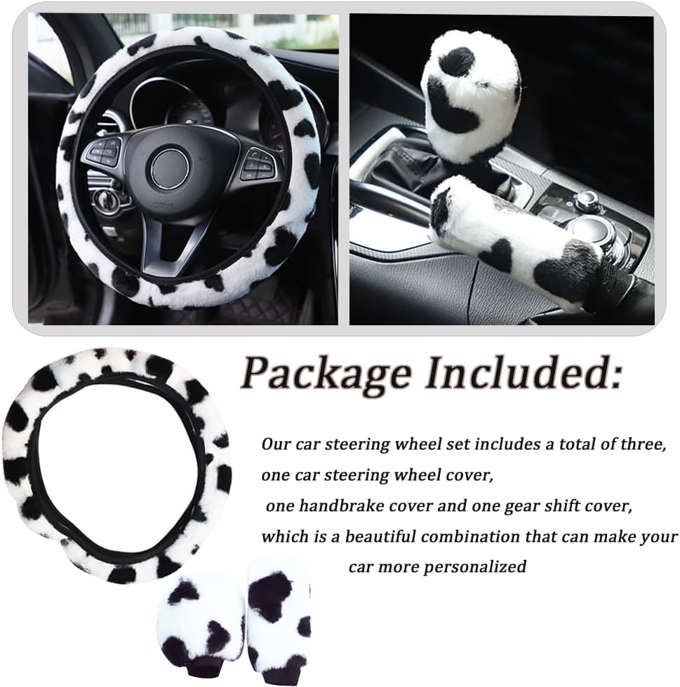 Detalle de 3Pcs Fluffy Cow Print Steering Wheel Covers – Winter Warm Plush Set (37–38cm)
