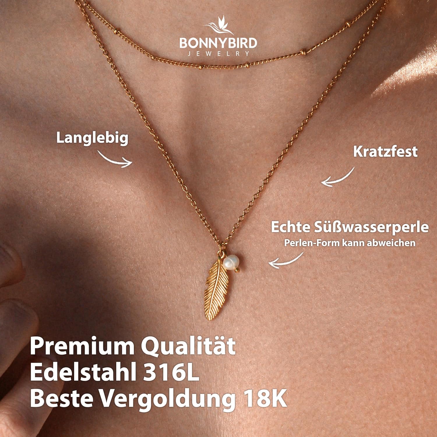 Thumbnail 1 de BONNYBIRD Wasserfeste Federkette aus Edelstahl 316L mit Süßwasserperle – BonnyFeather in Silber, Gold & Roségold